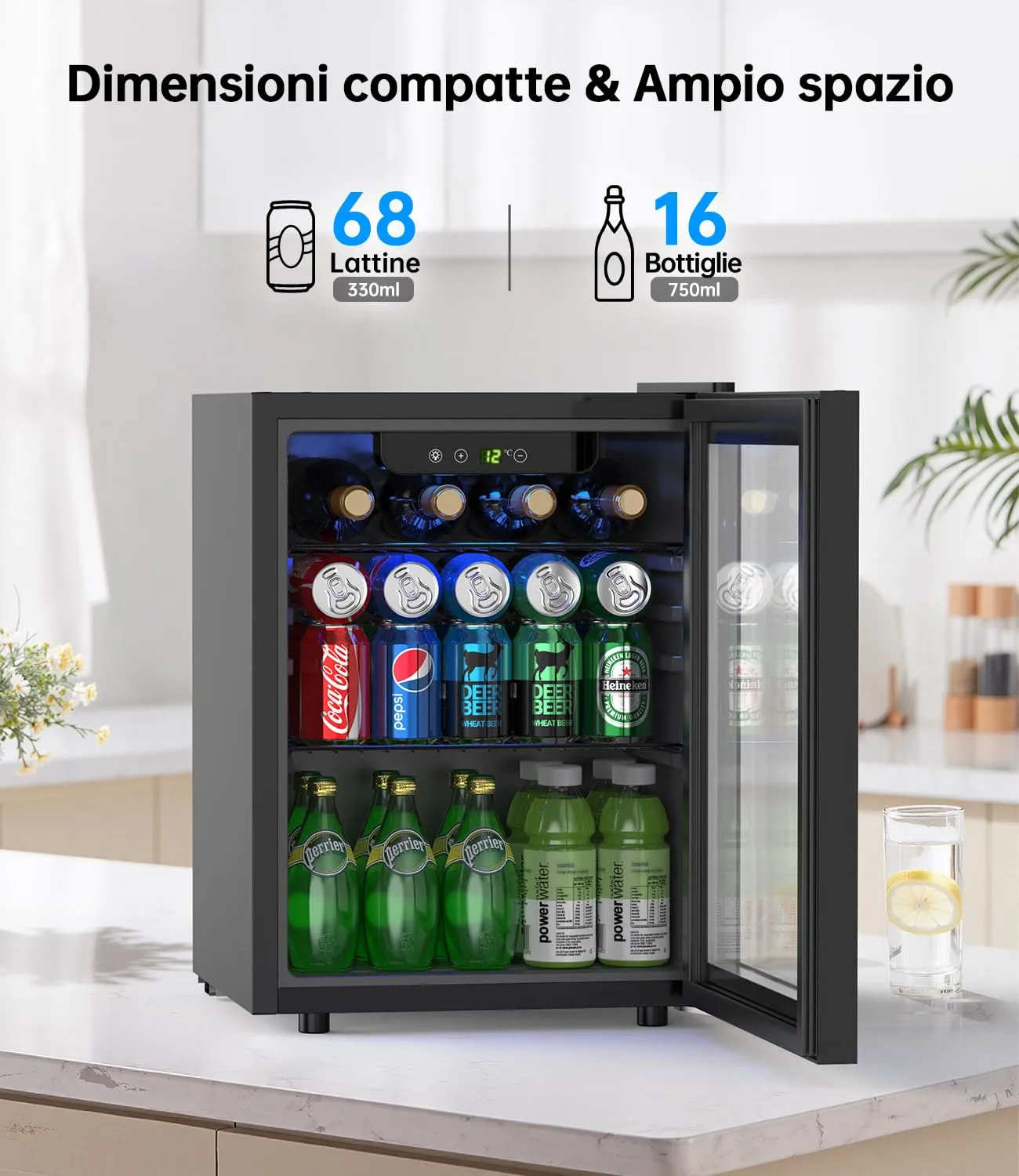 WIE Mini Frigo, Frigorifero Piccolo 48L, Frigo Vetrina con Porta in Vetro, Capacità 68 Lattine, Temperatura Regolabile, Illuminazione LED, Silenzioso - Per Casa, Ufficio, Bar - immagine 2