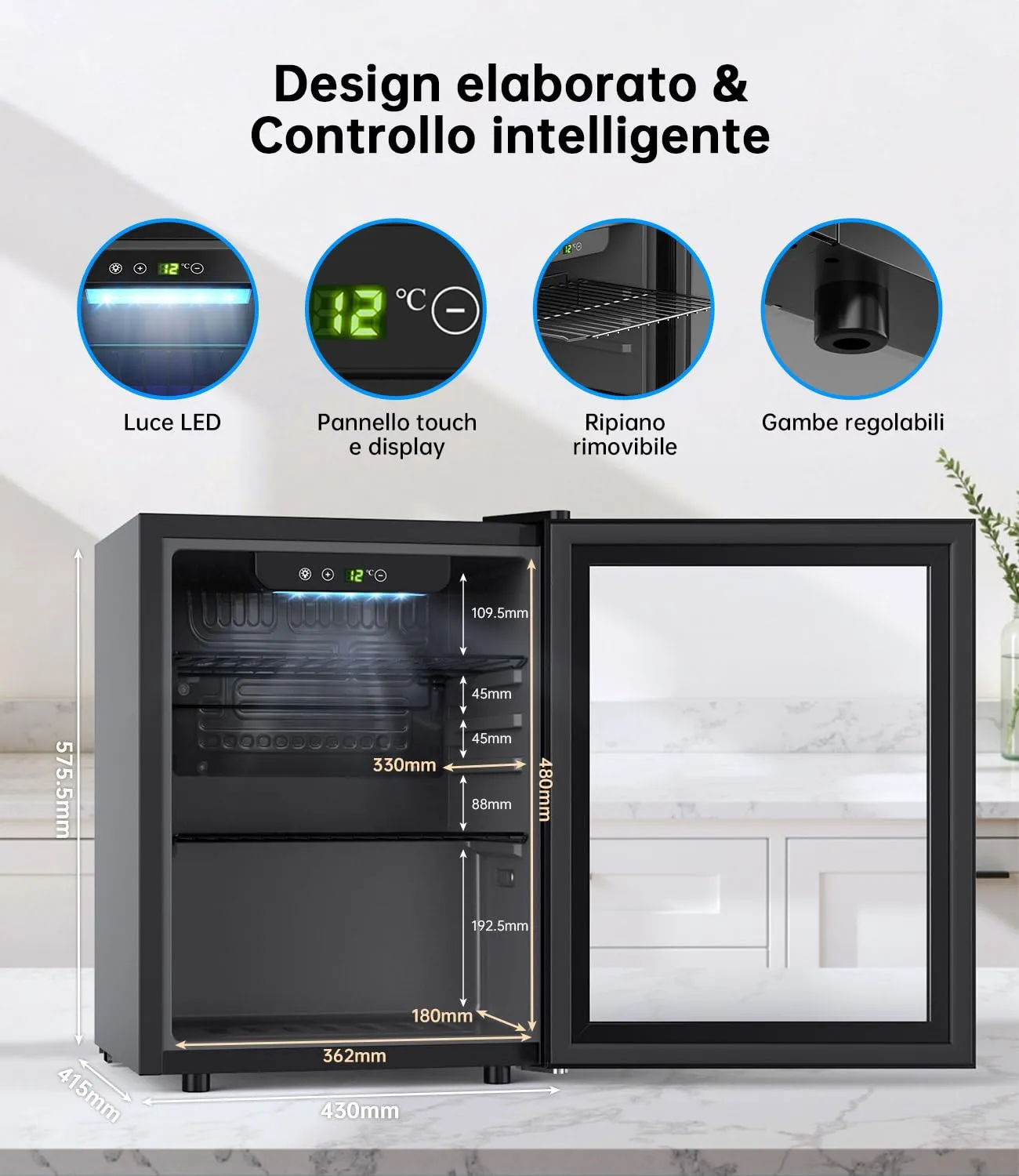 WIE Mini Frigo, Frigorifero Piccolo 48L, Frigo Vetrina con Porta in Vetro, Capacità 68 Lattine, Temperatura Regolabile, Illuminazione LED, Silenzioso - Per Casa, Ufficio, Bar - immagine 3