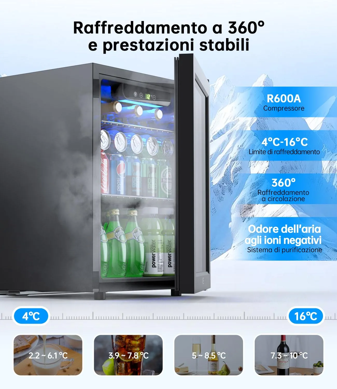 WIE Mini Frigo, Frigorifero Piccolo 48L, Frigo Vetrina con Porta in Vetro, Capacità 68 Lattine, Temperatura Regolabile, Illuminazione LED, Silenzioso - Per Casa, Ufficio, Bar - immagine 4