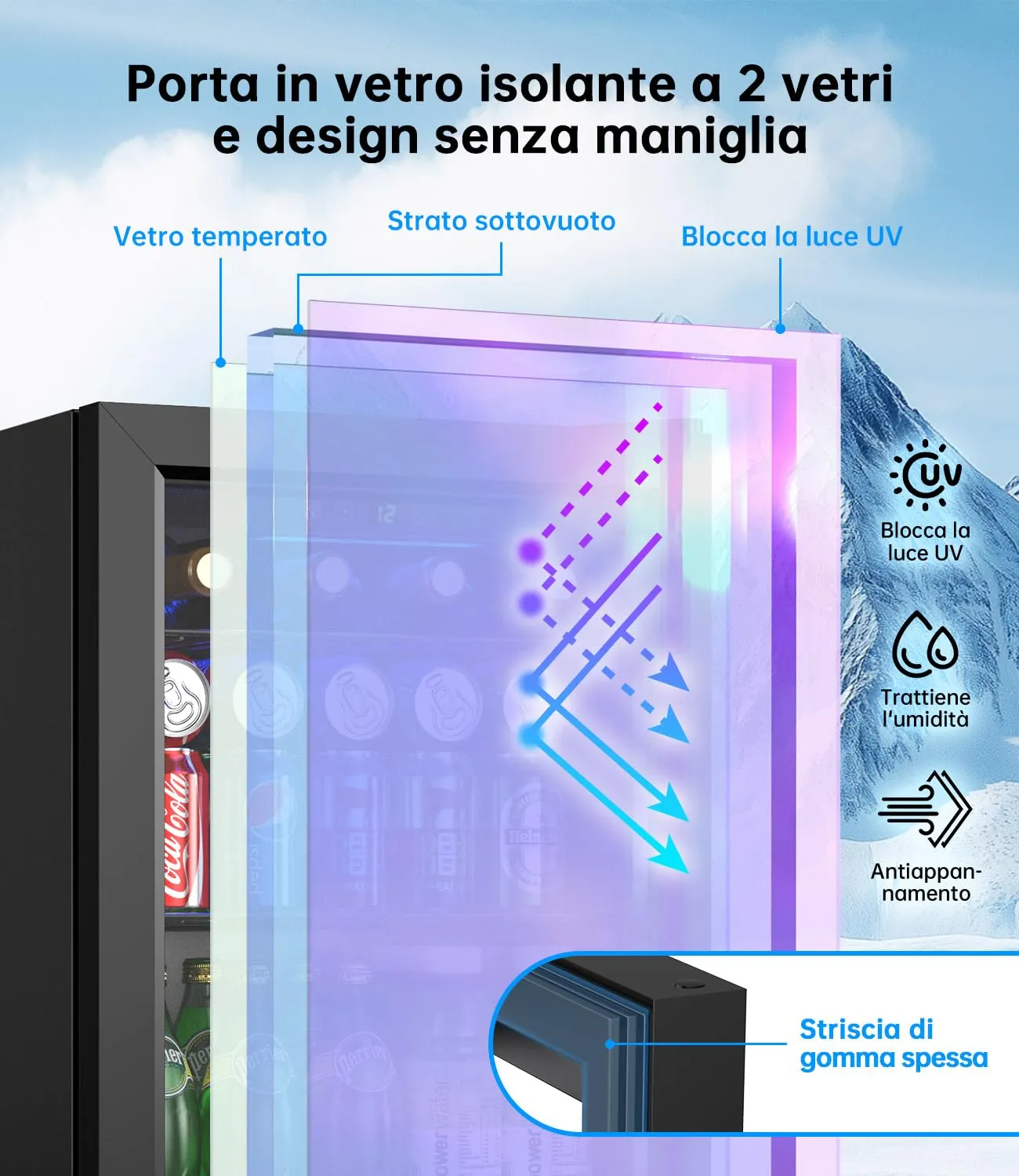 WIE Mini Frigo, Frigorifero Piccolo 48L, Frigo Vetrina con Porta in Vetro, Capacità 68 Lattine, Temperatura Regolabile, Illuminazione LED, Silenzioso - Per Casa, Ufficio, Bar - immagine 5