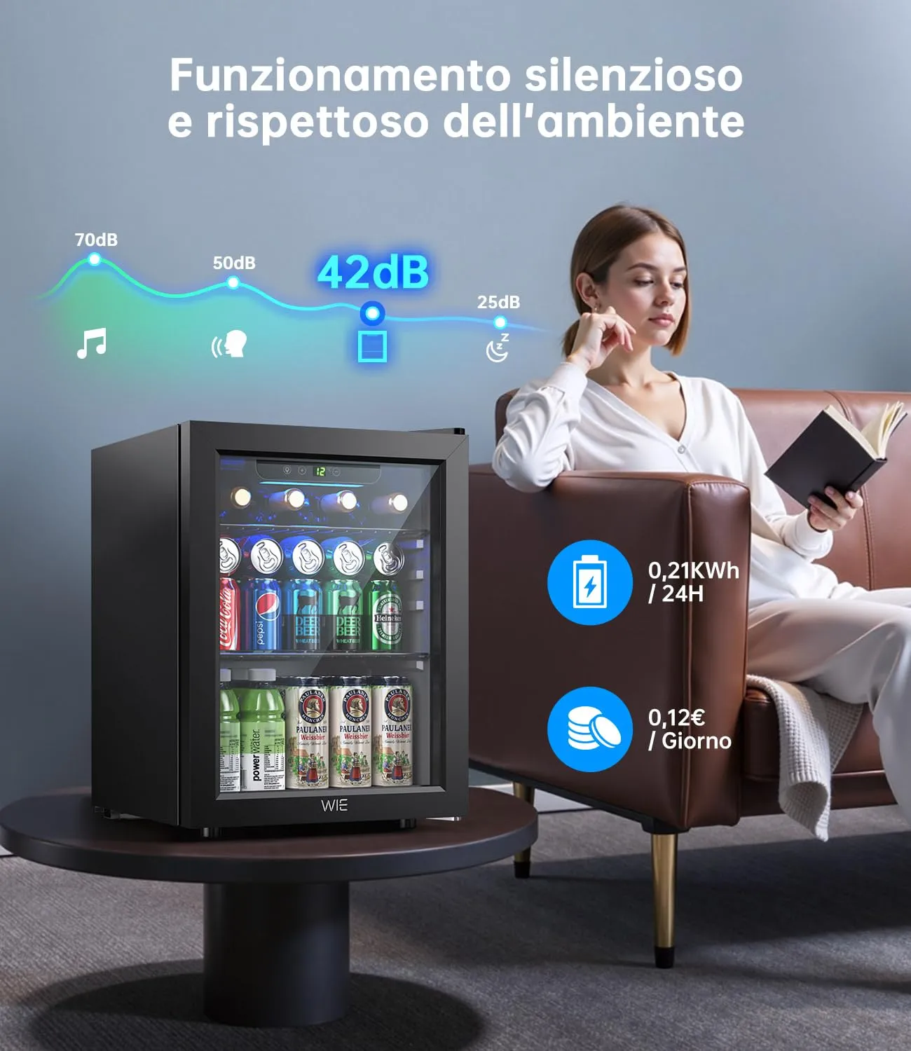 WIE Mini Frigo, Frigorifero Piccolo 48L, Frigo Vetrina con Porta in Vetro, Capacità 68 Lattine, Temperatura Regolabile, Illuminazione LED, Silenzioso - Per Casa, Ufficio, Bar - immagine 6