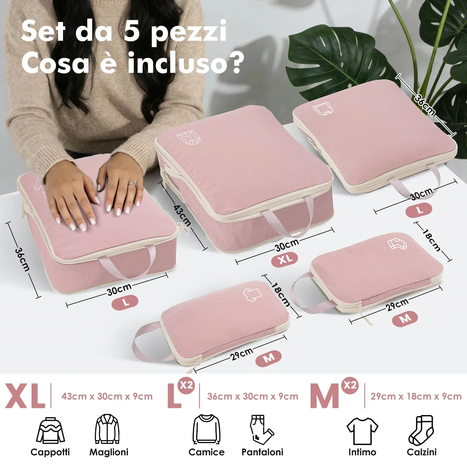 Packing Cubes Compression - Set di 5 borse organizer per valigie, zaino e rosa - immagine 5