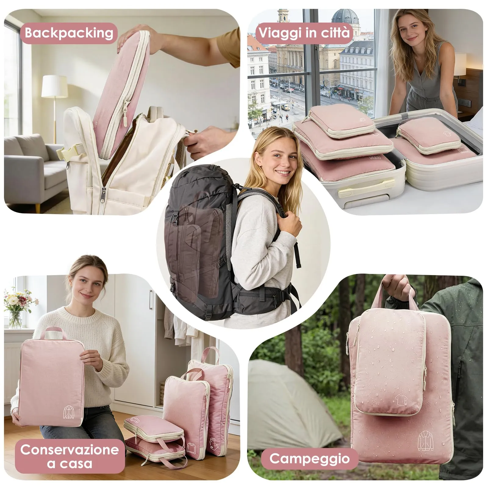 Packing Cubes Compression - Set di 5 borse organizer per valigie, zaino e rosa - immagine 7