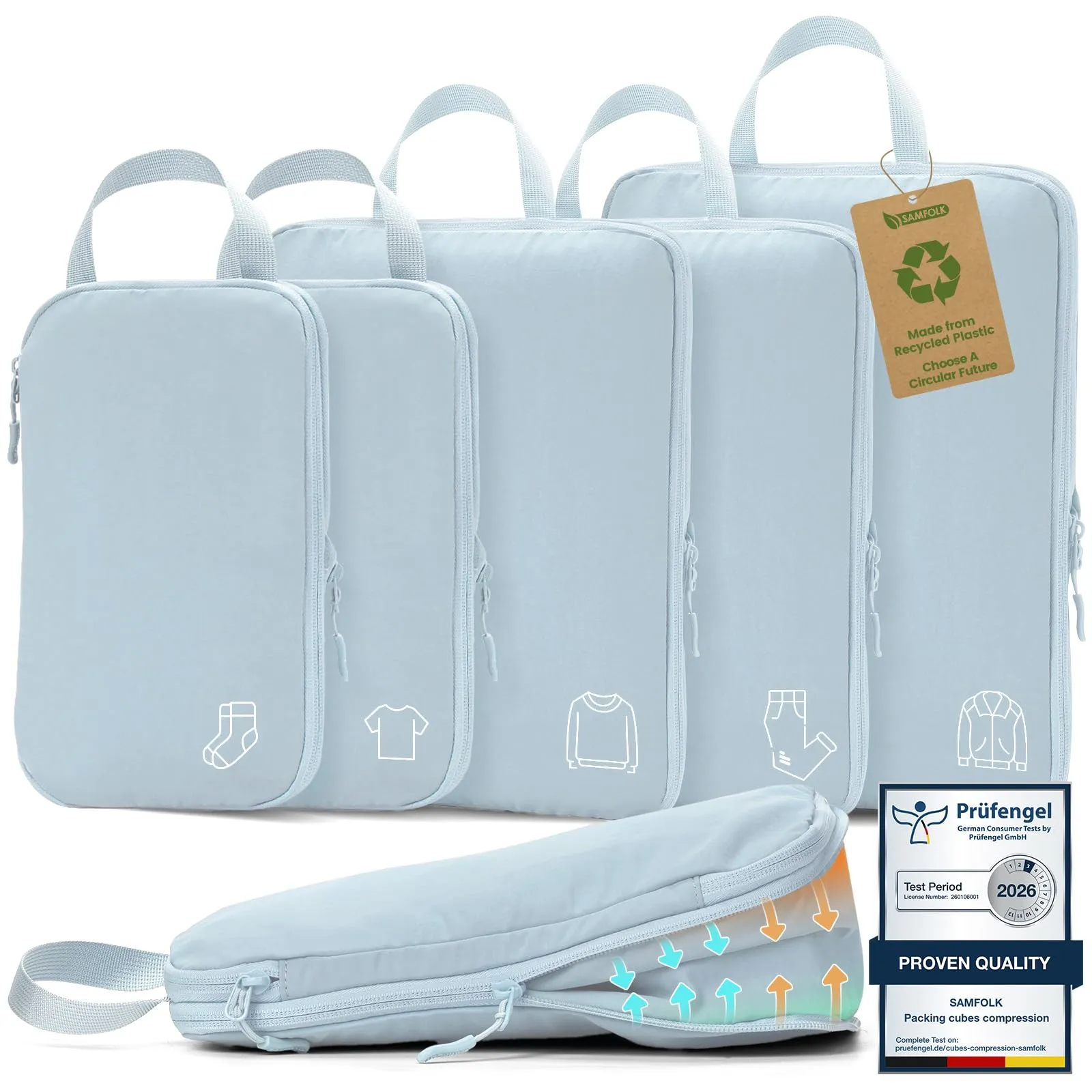 Packing Cubes Compression - Set di 5 borse organizer per valigie, zaino Skyblue - immagine 1