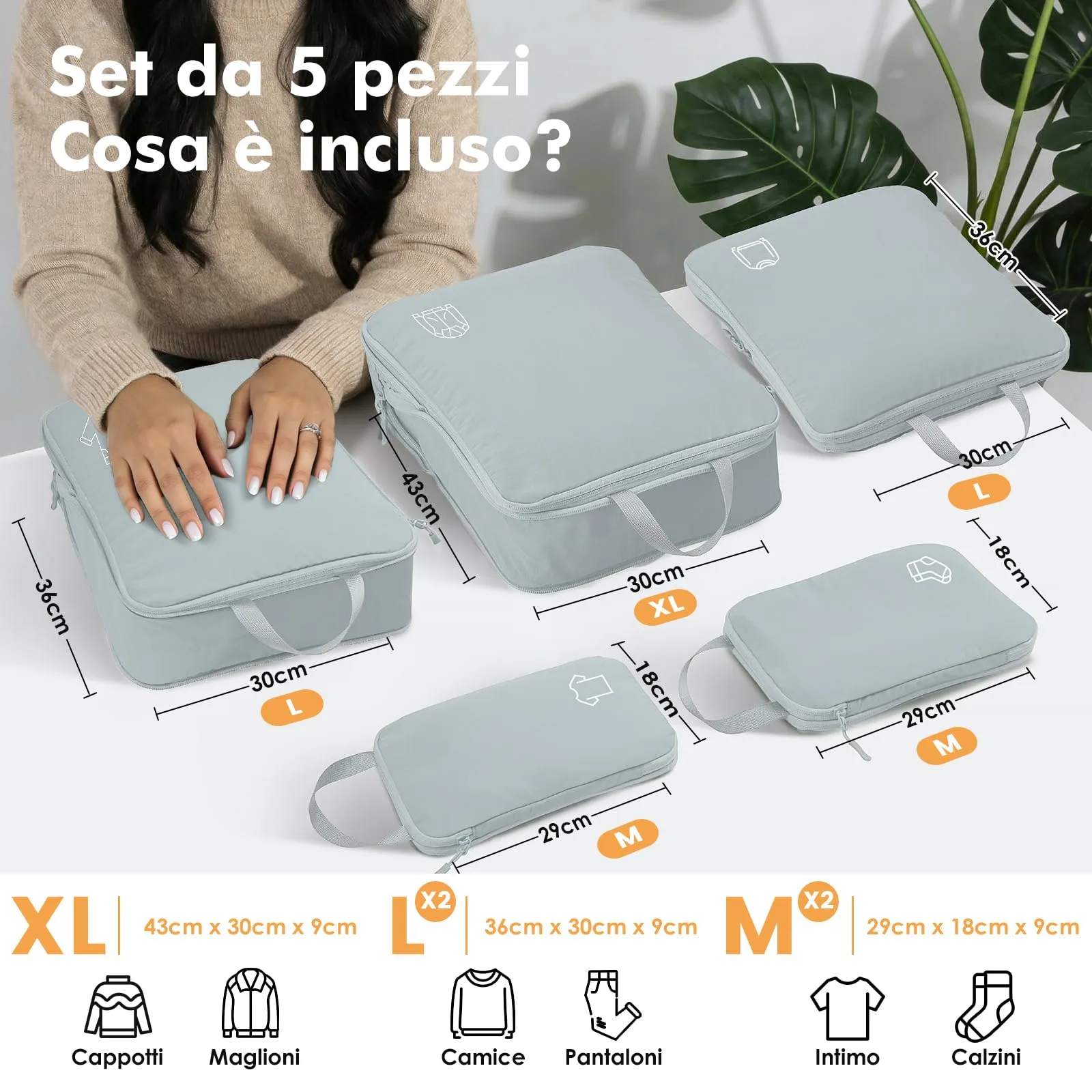 Packing Cubes Compression - Set di 5 borse organizer per valigie, zaino Skyblue - immagine 5