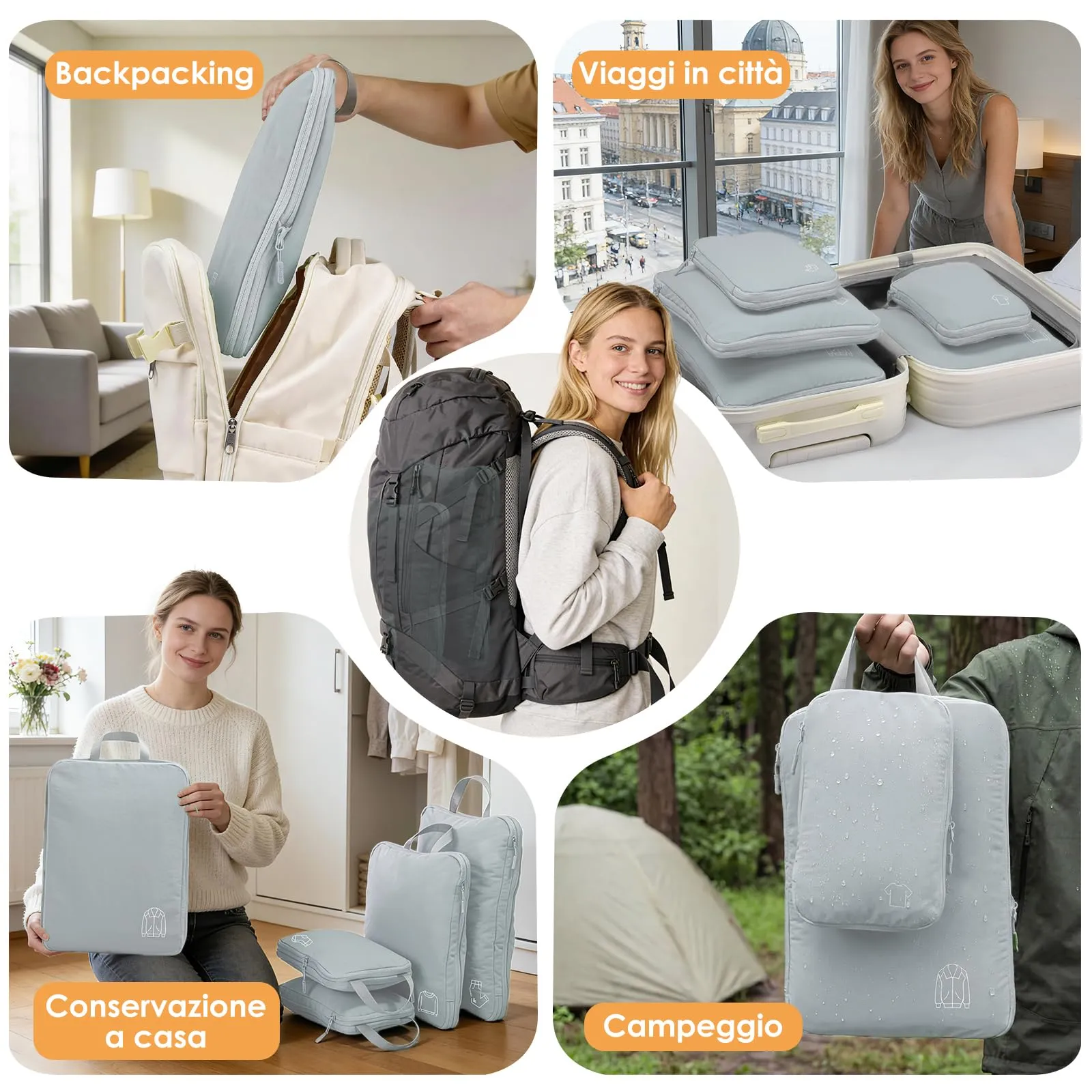 Packing Cubes Compression - Set di 5 borse organizer per valigie, zaino Skyblue - immagine 7