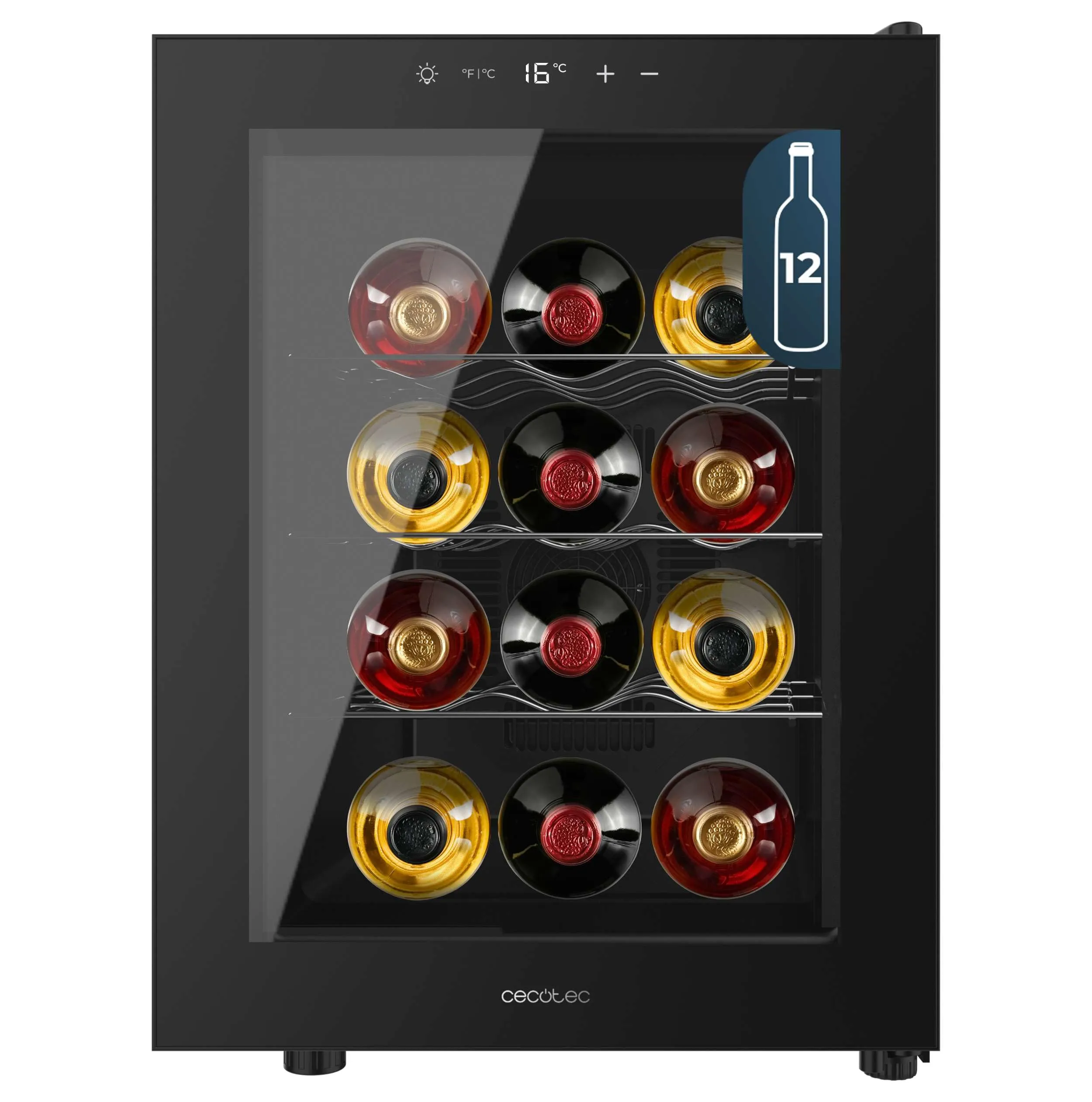Cecotec Cantina per vino Bolero GrandSommelier 1255 CoolCrystal E, Capacità 12 Bottiglie, Ripiani in metallo, Controllo Touch, Temperatura 8-18ºC, Nero - immagine 1