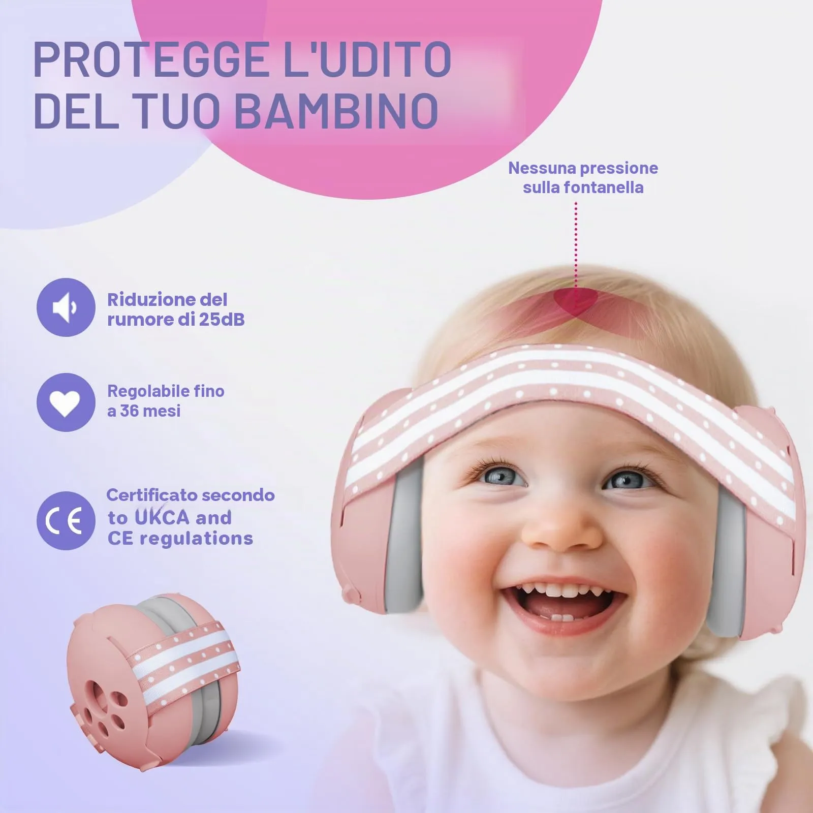 Cuffie Antirumore per Neonati e Bambini Piccoli Fino a 36 Mesi, Protettori Acustici per Neonati, Previene i Danni dell’udito, Migliora il Sonno in Viaggio, Rosa - immagine 2