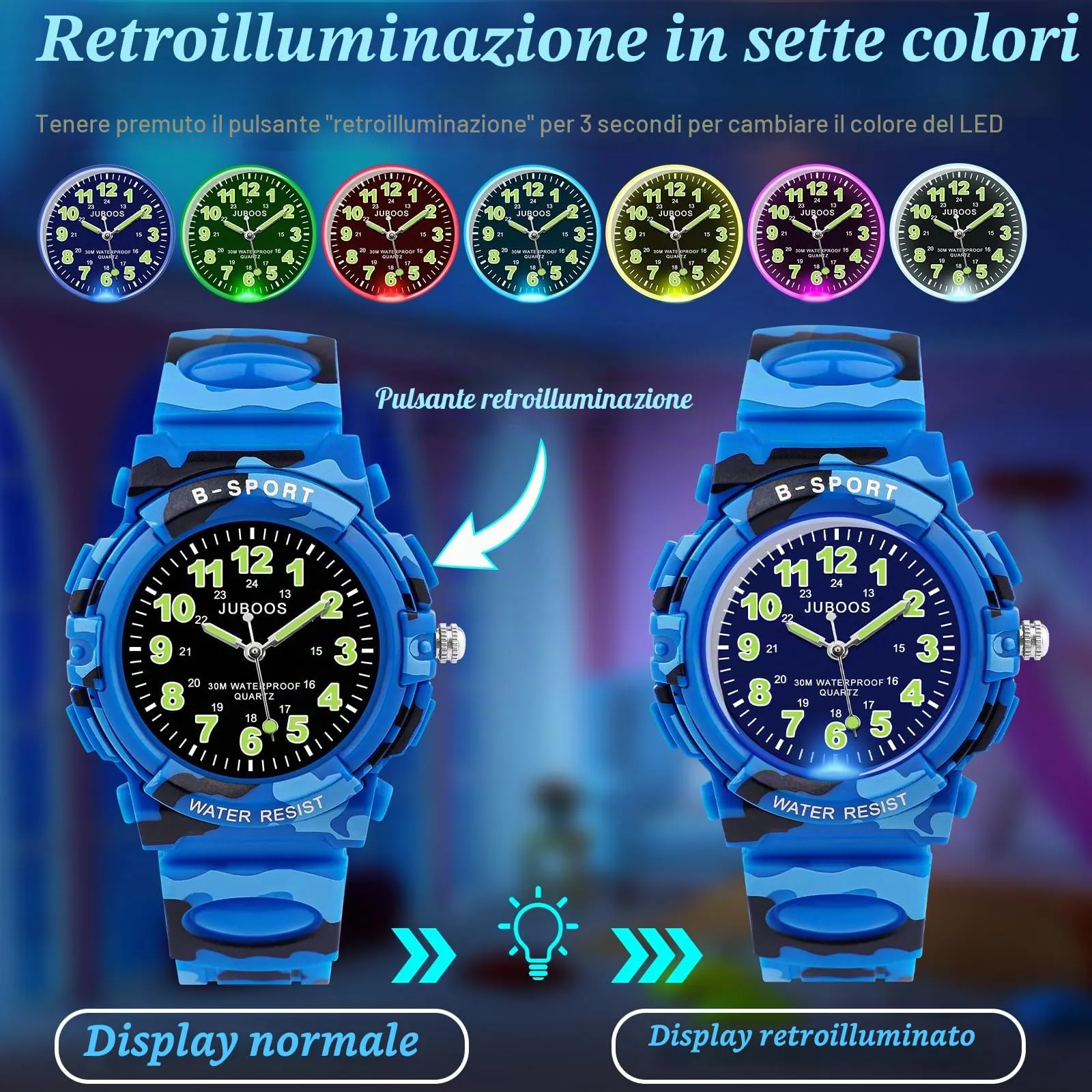 Juboos Orologio Analogico Per Bambini Con 7 Luci Notturne A Colori, Impermeabile, Cinturino Morbido, Orologio A Quarzo Per Ragazzi E Ragazze 5-18 Anni - immagine 2