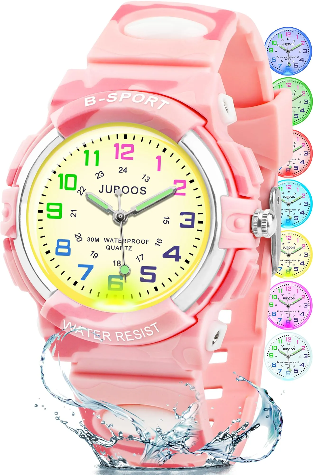 Juboos Orologio Analogico Per Bambini Con 7 Luci Notturne A Colori, Impermeabile, Cinturino Morbido, Orologio A Quarzo Per Ragazzi E Ragazze 5-18 Anni - immagine 1