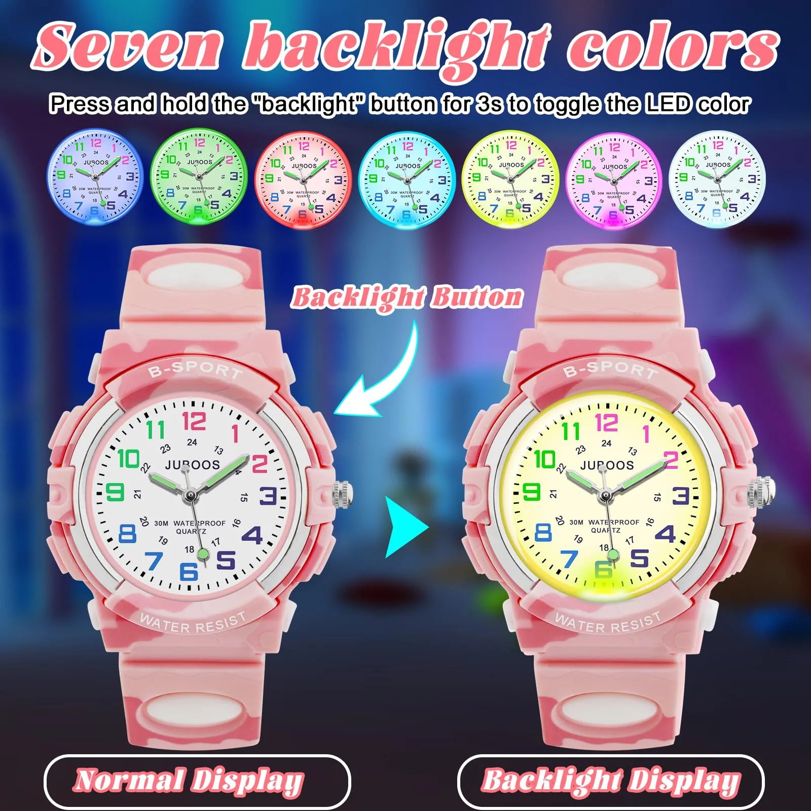 Juboos Orologio Analogico Per Bambini Con 7 Luci Notturne A Colori, Impermeabile, Cinturino Morbido, Orologio A Quarzo Per Ragazzi E Ragazze 5-18 Anni - immagine 2