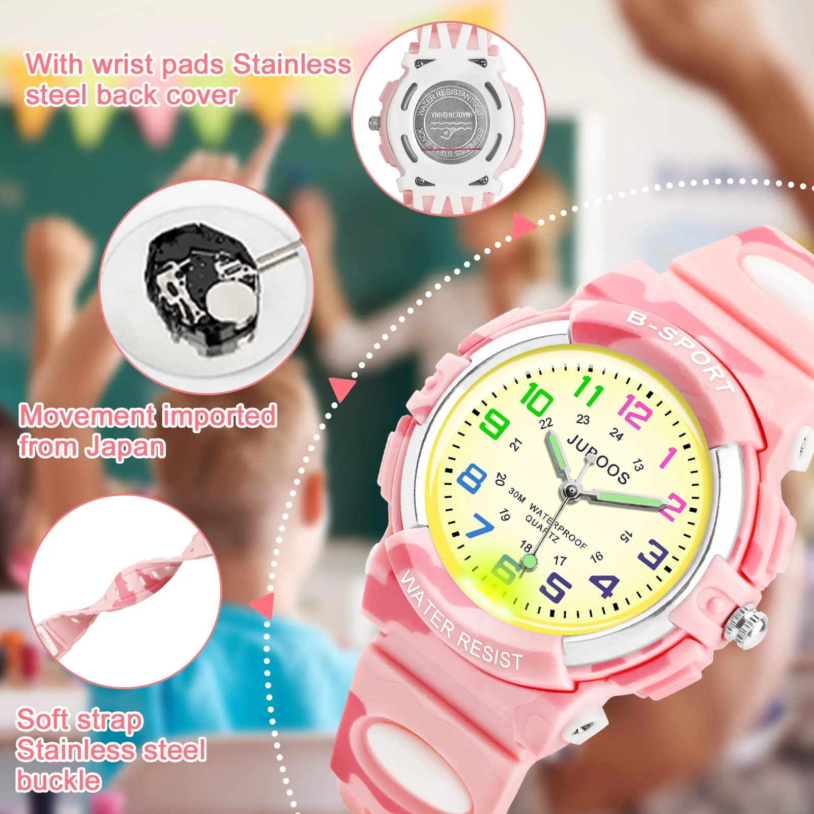 Juboos Orologio Analogico Per Bambini Con 7 Luci Notturne A Colori, Impermeabile, Cinturino Morbido, Orologio A Quarzo Per Ragazzi E Ragazze 5-18 Anni - immagine 4