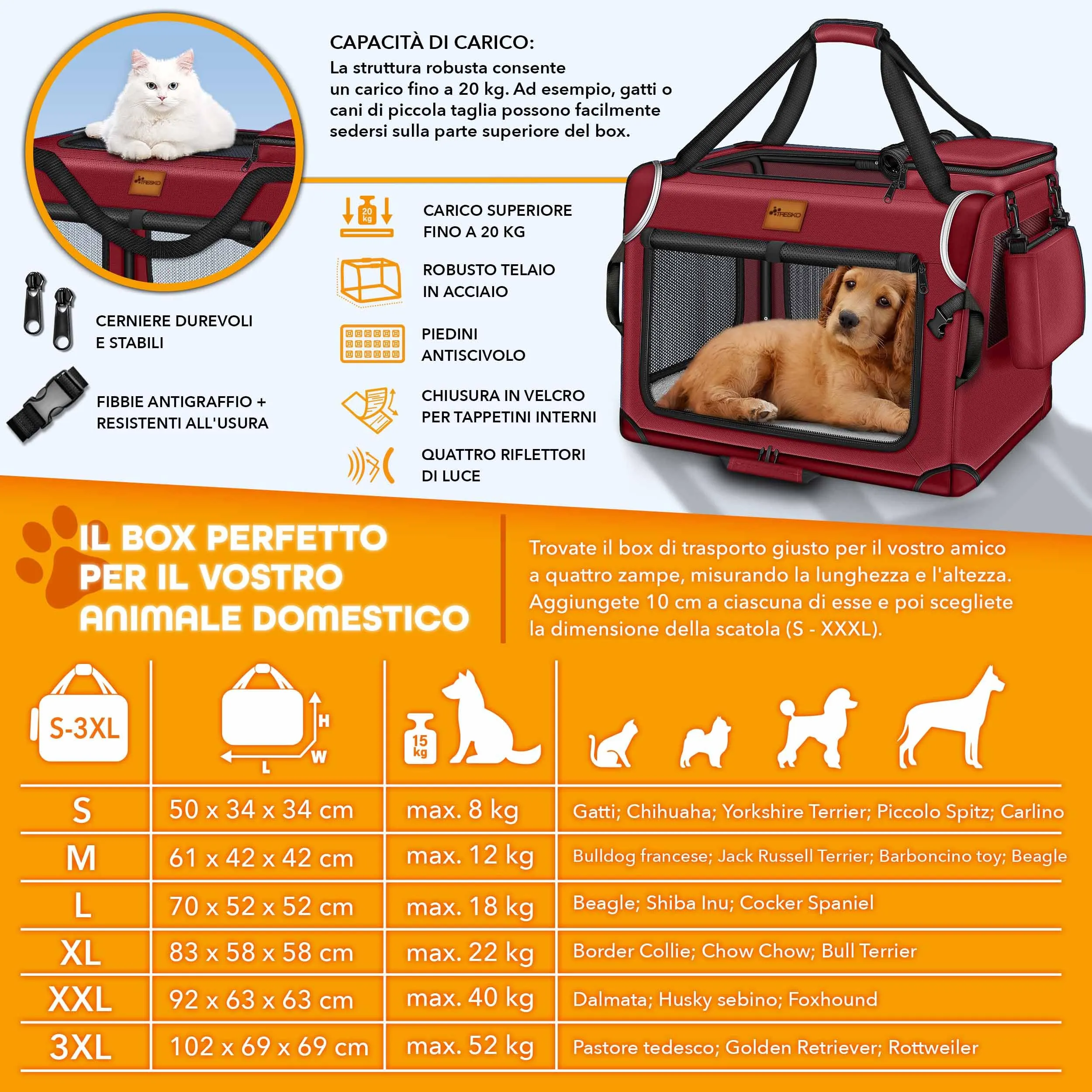 TRESKO® - Box per cani pieghevole, con tappetino per perdite spatola, trasportino robusto per cani e gatti di taglia piccola e grande, XXXL (102 x 69 x 69 cm), grigio - immagine 4