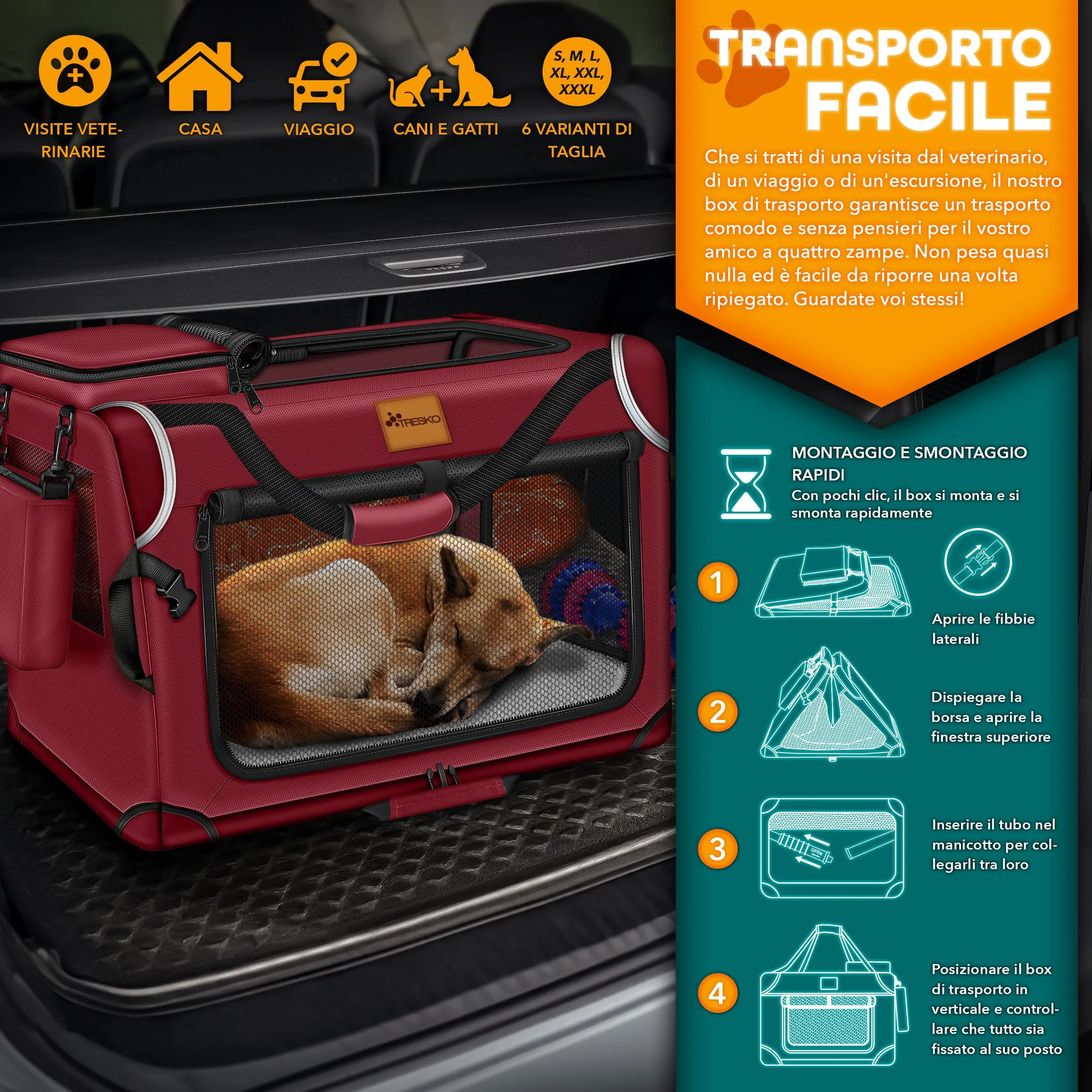 TRESKO® - Box per cani pieghevole, con tappetino per perdite e spatola, trasportino robusto per cani e gatti di taglia piccola e grande, M (61 x 42 x 42 cm), nero - immagine 9