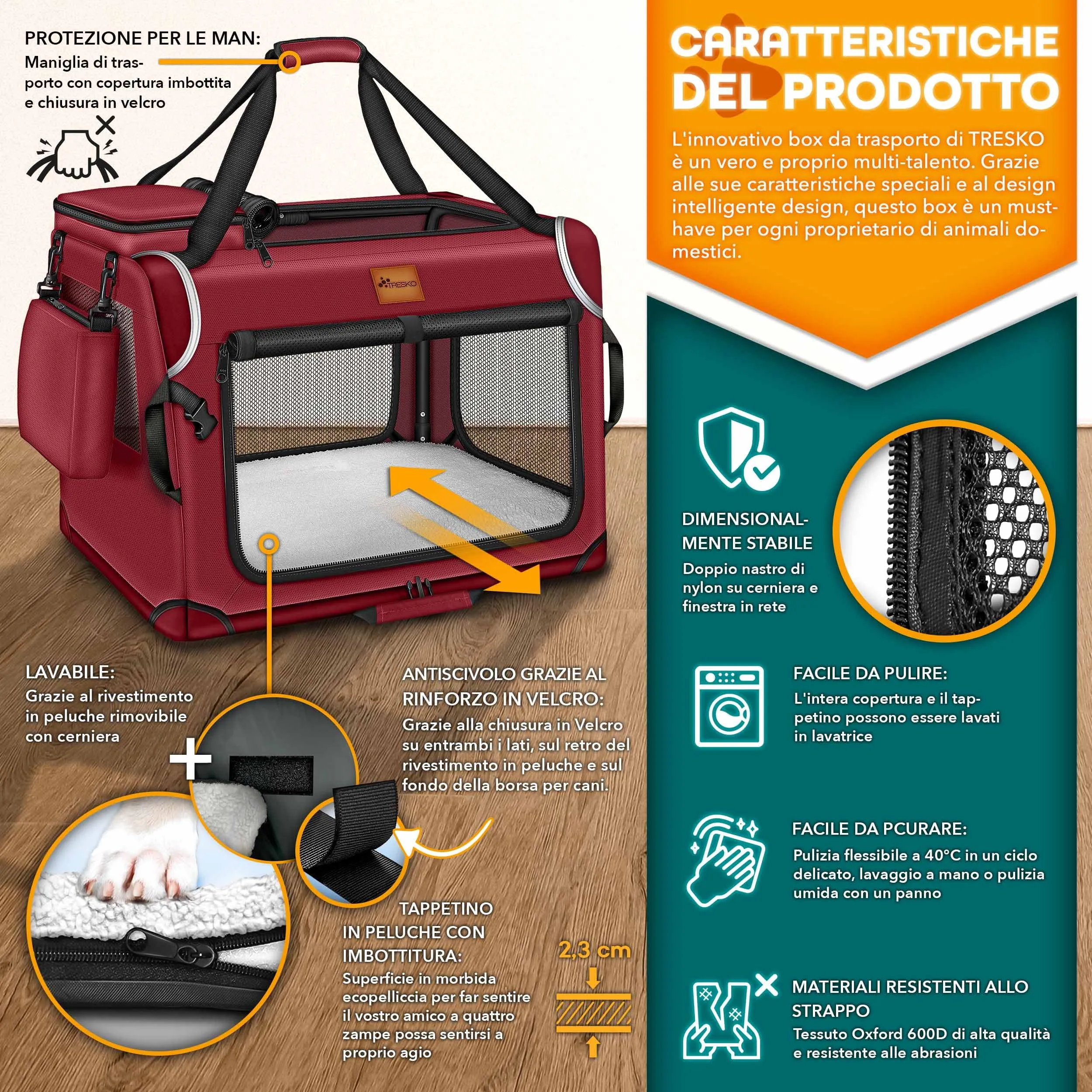 TRESKO® - Box pieghevole per cani e gatti, con tappetino per perdite, spatola e riflettori XL, 83 x 58 x 58 cm, trasportino auto per piccole e grandi razze, cane - immagine 2