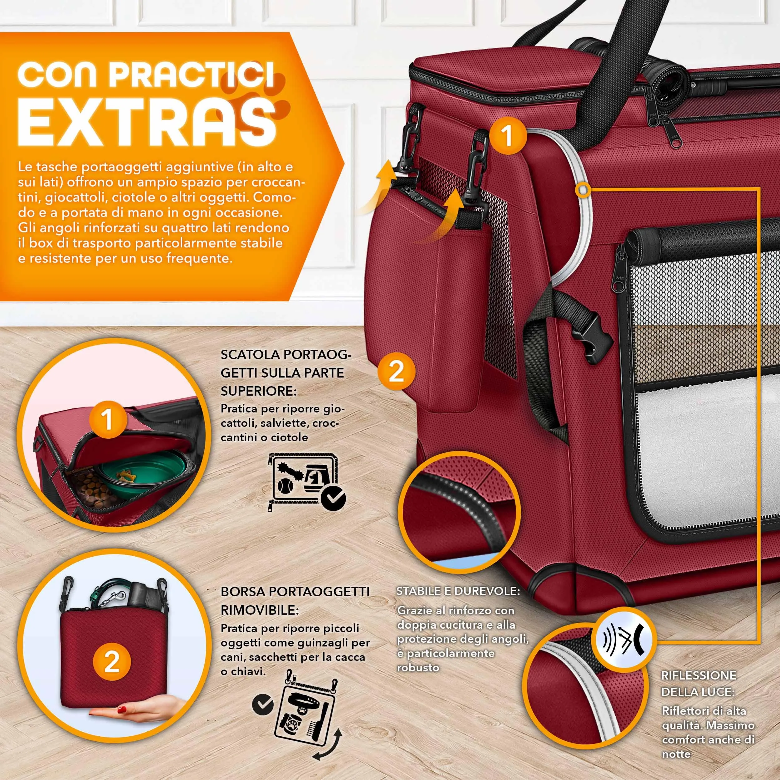 TRESKO® - Box pieghevole per cani e gatti, con tappetino per perdite, spatola e riflettori XL, 83 x 58 x 58 cm, trasportino auto per piccole e grandi razze, cane - immagine 3