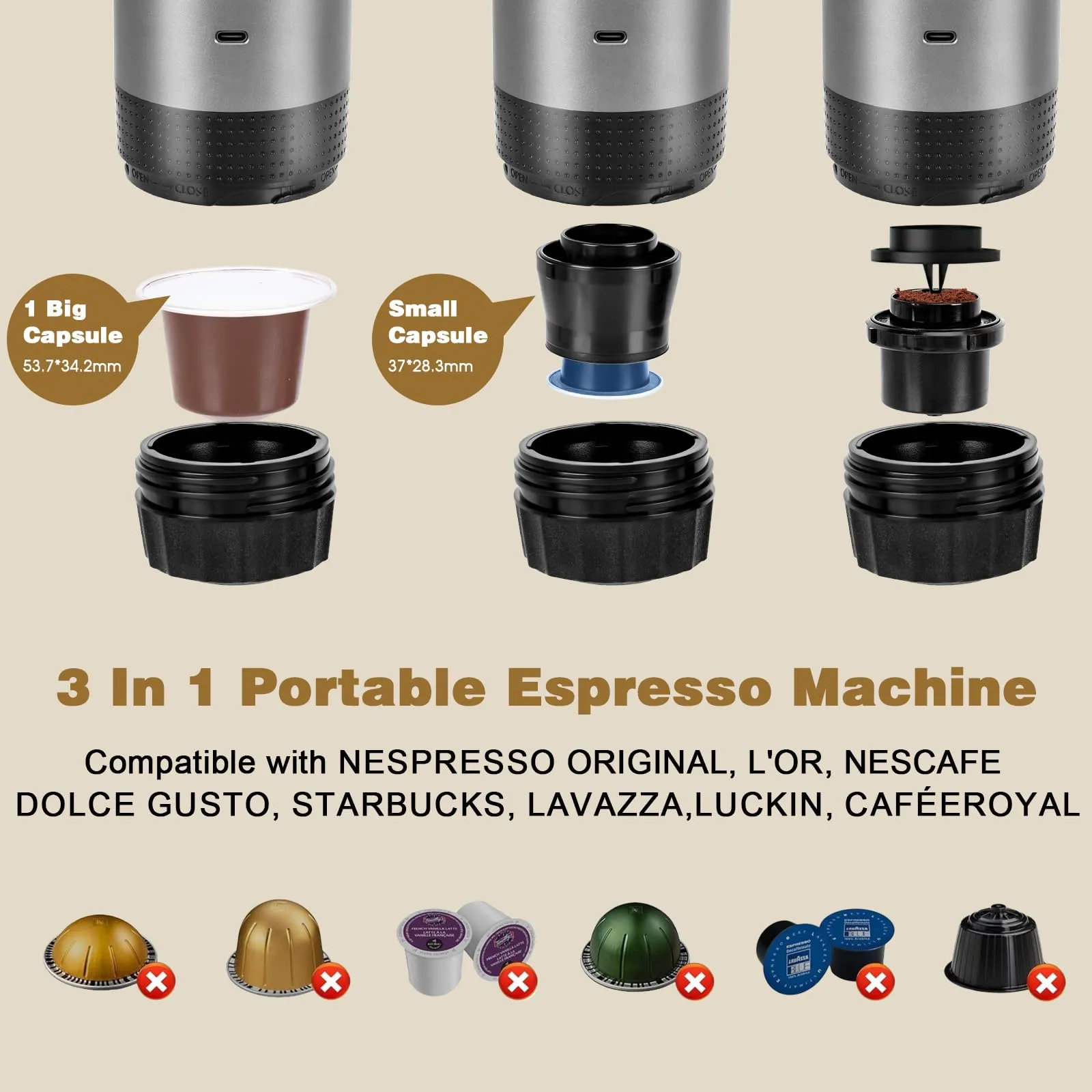 Macchina caffe Portatile 3 In 1 Portable Espresso Maker Compatibile Piccole e Grandi Capsule di Caffè Caffe Macinato Elettrico 12 V Caffettiera da Viaggio Casa ufficio e Avventure All'aria Aperta - immagine 4