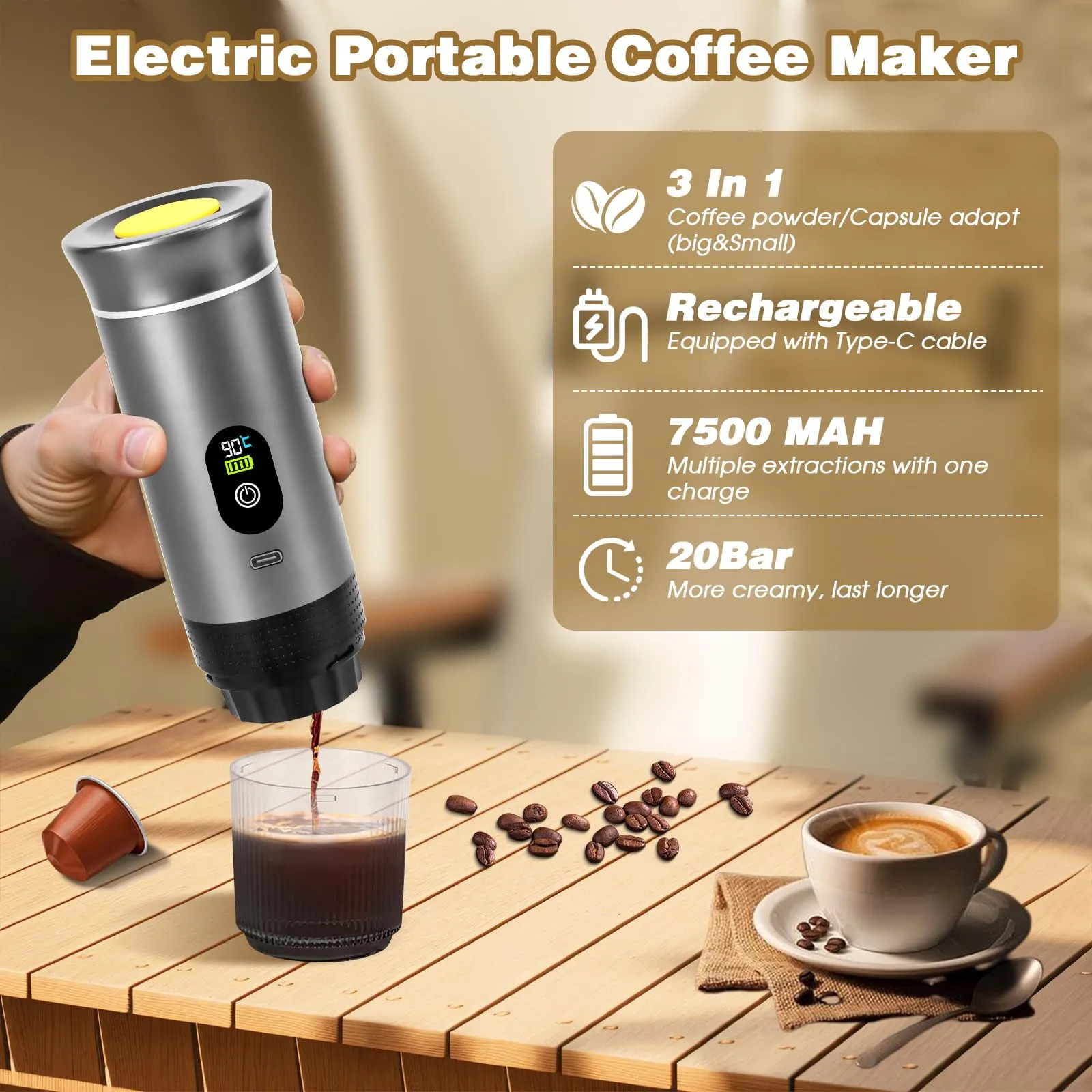 Macchina caffe Portatile 3 In 1 Portable Espresso Maker Compatibile Piccole e Grandi Capsule di Caffè Caffe Macinato Elettrico 12 V Caffettiera da Viaggio Casa ufficio e Avventure All'aria Aperta - immagine 5