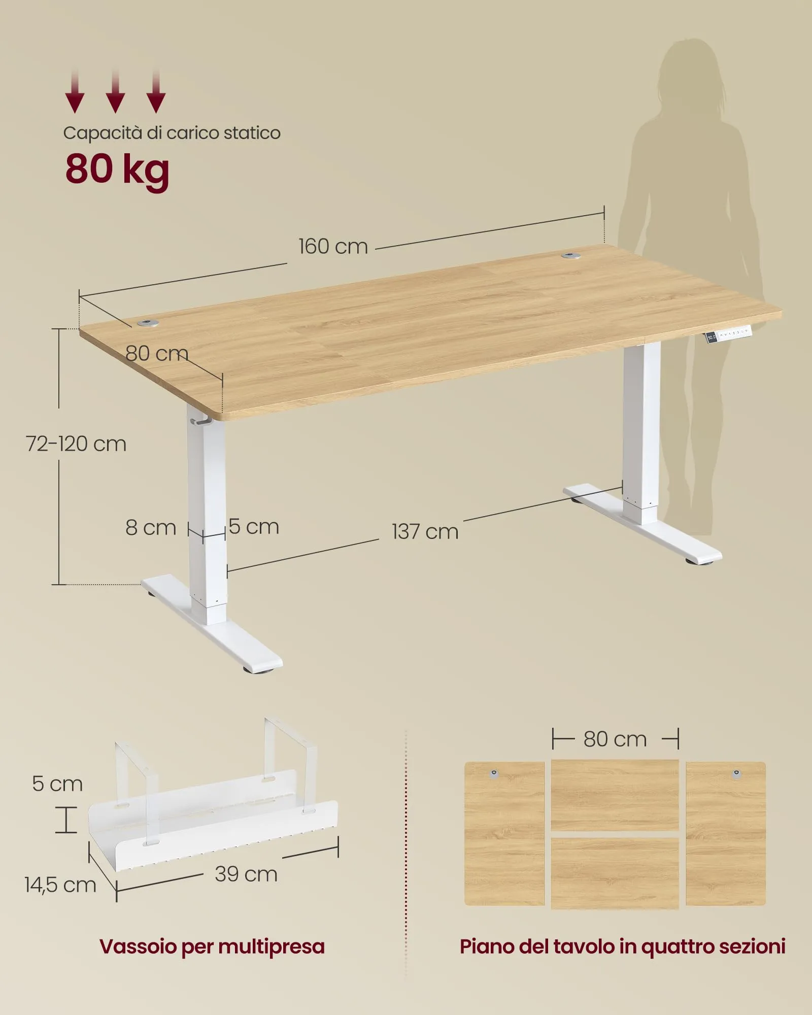 VASAGLE Scrivania Regolabile in Altezza, 160 x 80 cm, Porta USB-C - immagine 7