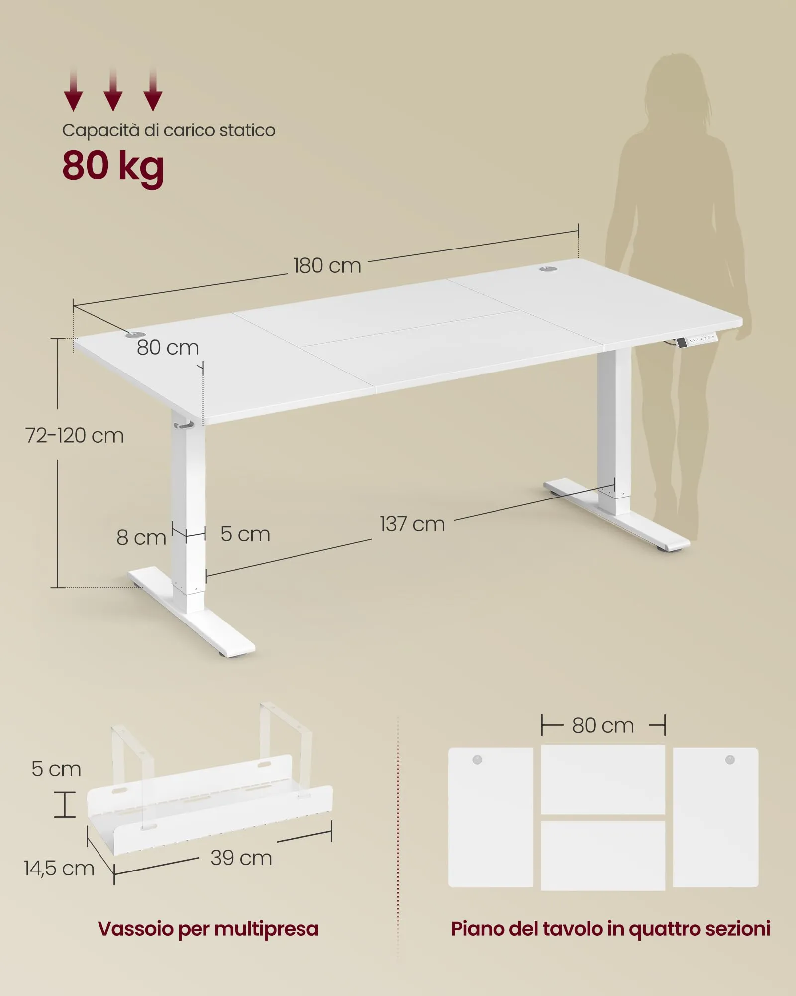 VASAGLE Scrivania Regolabile in Altezza, 180 x 80 cm, Porta USB-C - immagine 3