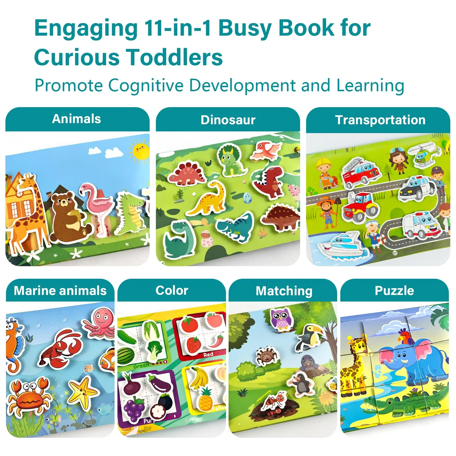 Guopai Libro Montessori Interattivo per Bambini – Busy Book & Quiet Book 1 2 Anni, Gioco Educativo Cartaceo con Animali, Veicoli, Cibi, Puzzle e attività Sensoriali da Viaggio - immagine 2