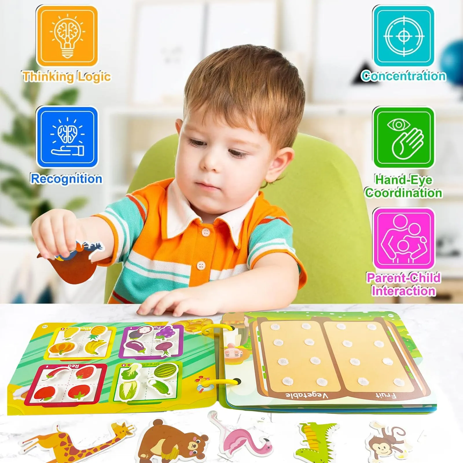 Guopai Libro Montessori Interattivo per Bambini – Busy Book & Quiet Book 1 2 Anni, Gioco Educativo Cartaceo con Animali, Veicoli, Cibi, Puzzle e attività Sensoriali da Viaggio - immagine 3