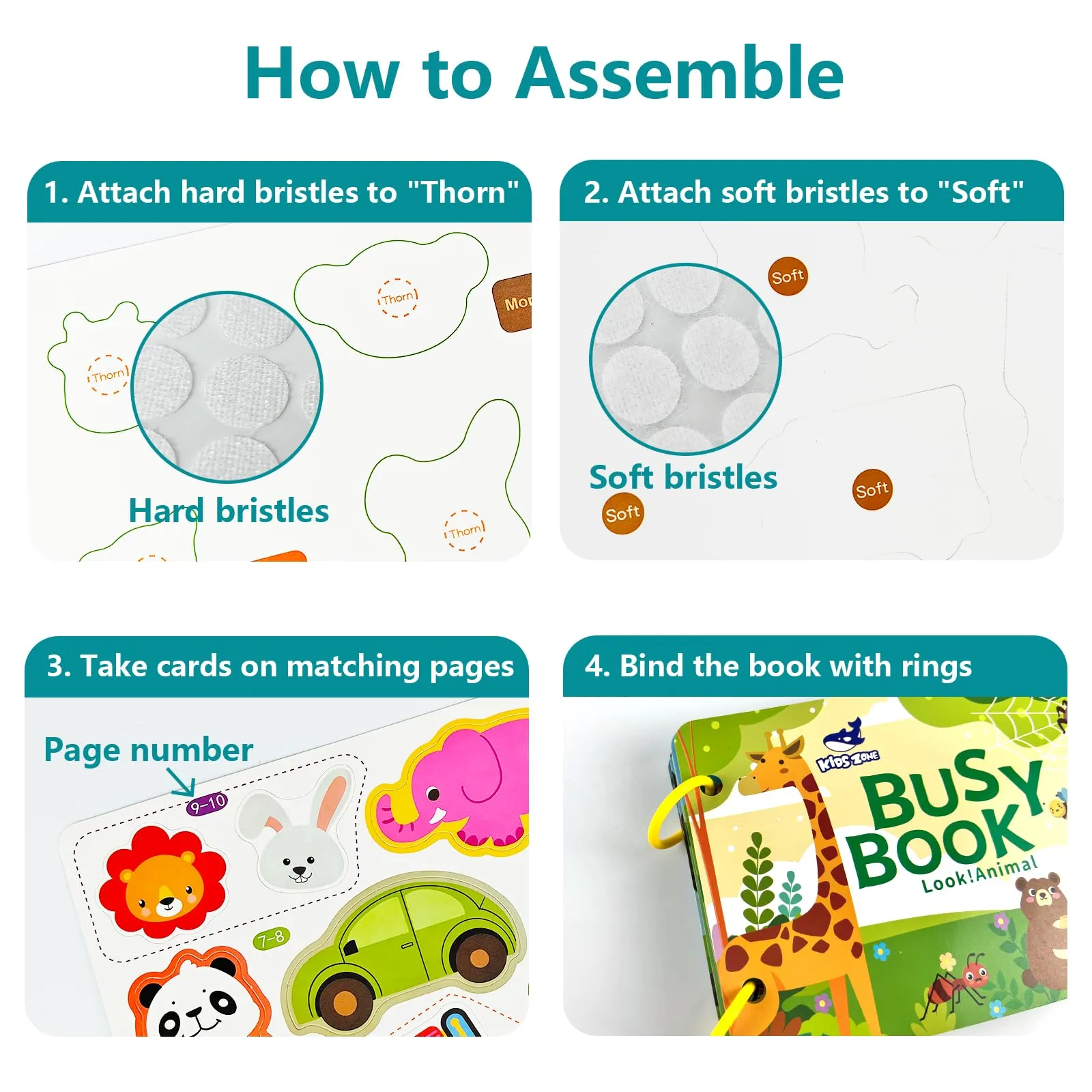 Guopai Libro Montessori Interattivo per Bambini – Busy Book & Quiet Book 1 2 Anni, Gioco Educativo Cartaceo con Animali, Veicoli, Cibi, Puzzle e attività Sensoriali da Viaggio - immagine 6