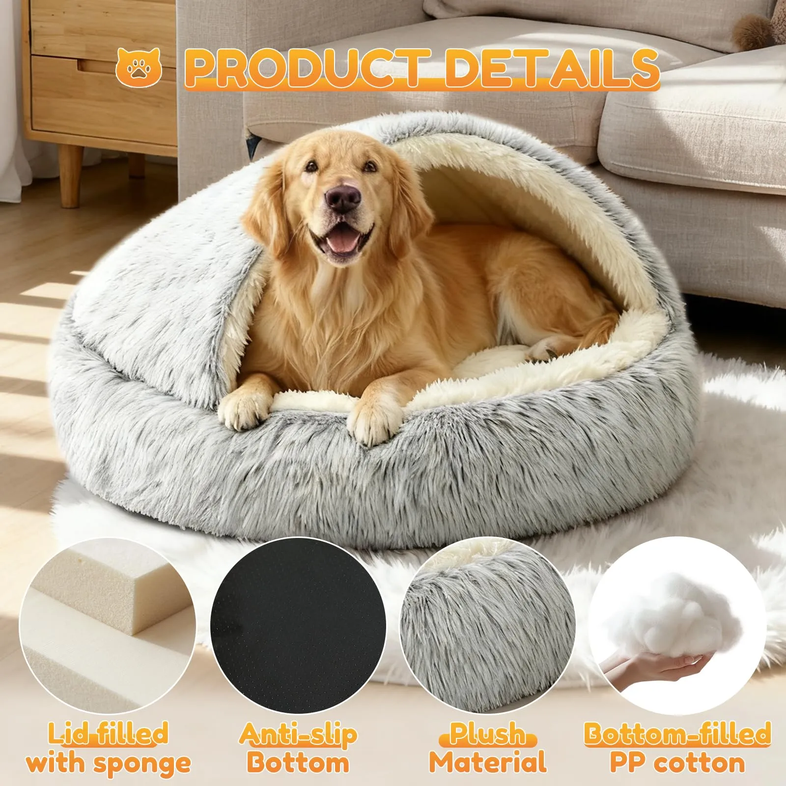 YAGE Letto per cani di taglia grande 80 cm, con cappuccio e supporti - Morbido letto rilassante per animali domestici Adatto per animali domestici di peso inferiore a 20 kg Lavabile in lavatrice - immagine 2
