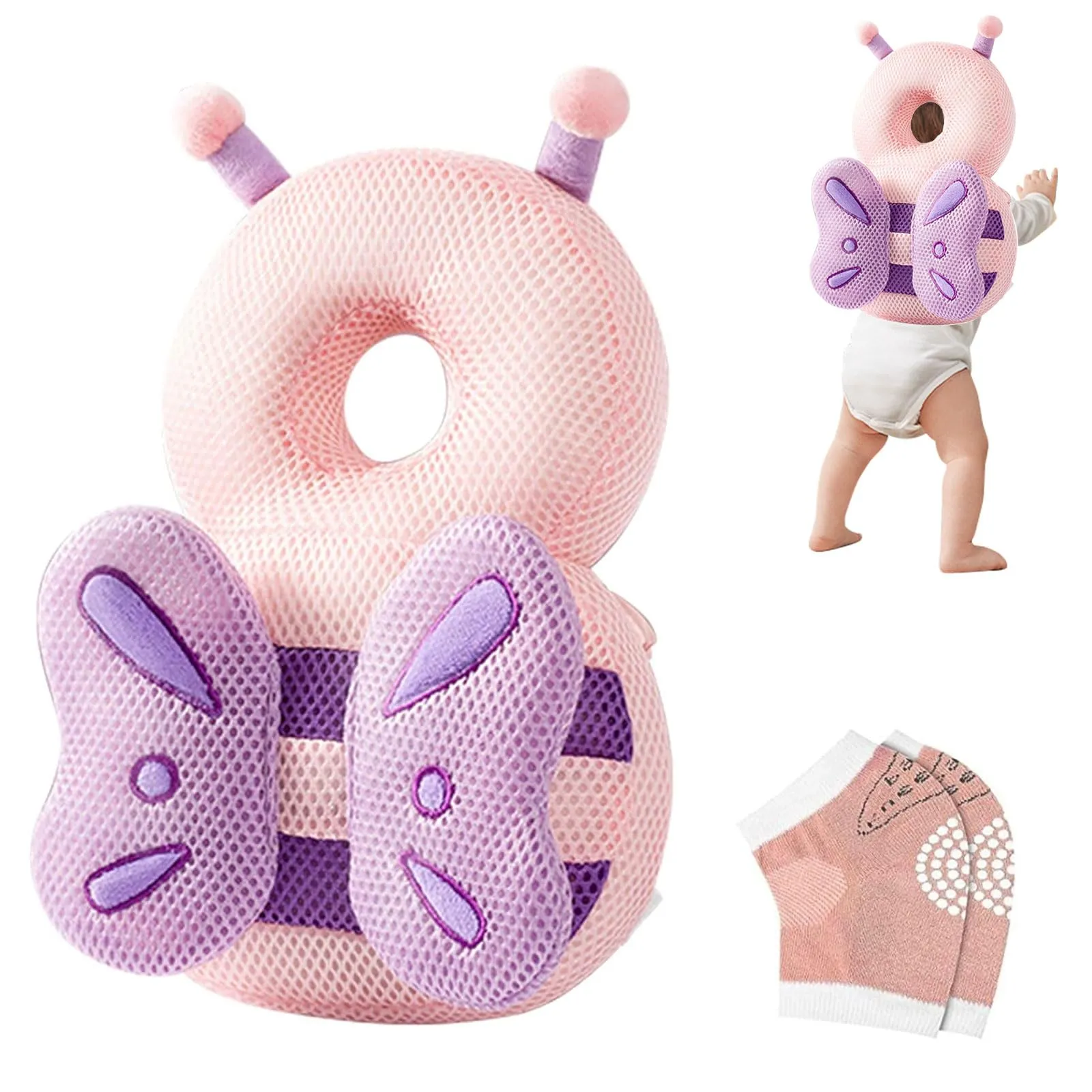Furforstk protezione testa bambino con ginocchiere caschetto primi passi Traspirante casco neonato primi passi per gattonare e camminare, Regolabile (Farfalla) Il bambino non resiste - immagine 1
