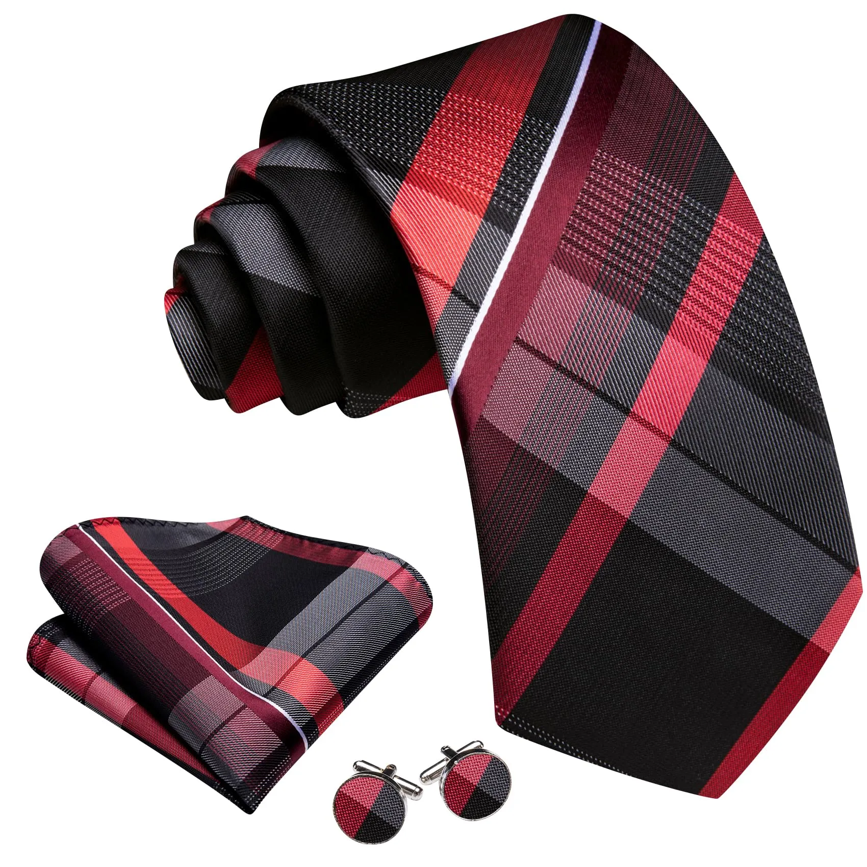 Barry.Wang - Set da uomo, con cravatta a righe a quadri in seta, pochette quadrata, fermacravatta, gemelli, clip per cravatta, set di 4 pezzi, stile classico, per lavoro e matrimonio, rosso, bianco - immagine 2