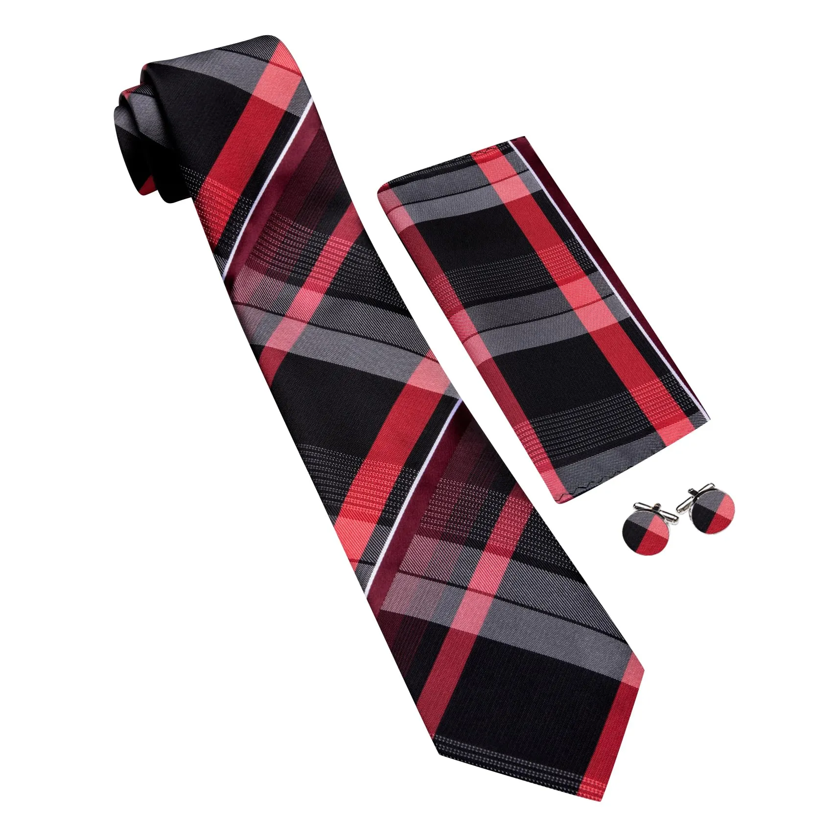 Barry.Wang - Set da uomo, con cravatta a righe a quadri in seta, pochette quadrata, fermacravatta, gemelli, clip per cravatta, set di 4 pezzi, stile classico, per lavoro e matrimonio, rosso, bianco - immagine 3