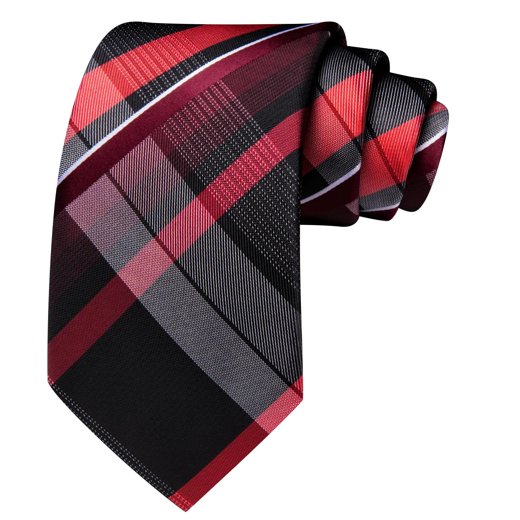Barry.Wang - Set da uomo, con cravatta a righe a quadri in seta, pochette quadrata, fermacravatta, gemelli, clip per cravatta, set di 4 pezzi, stile classico, per lavoro e matrimonio, rosso, bianco - immagine 4