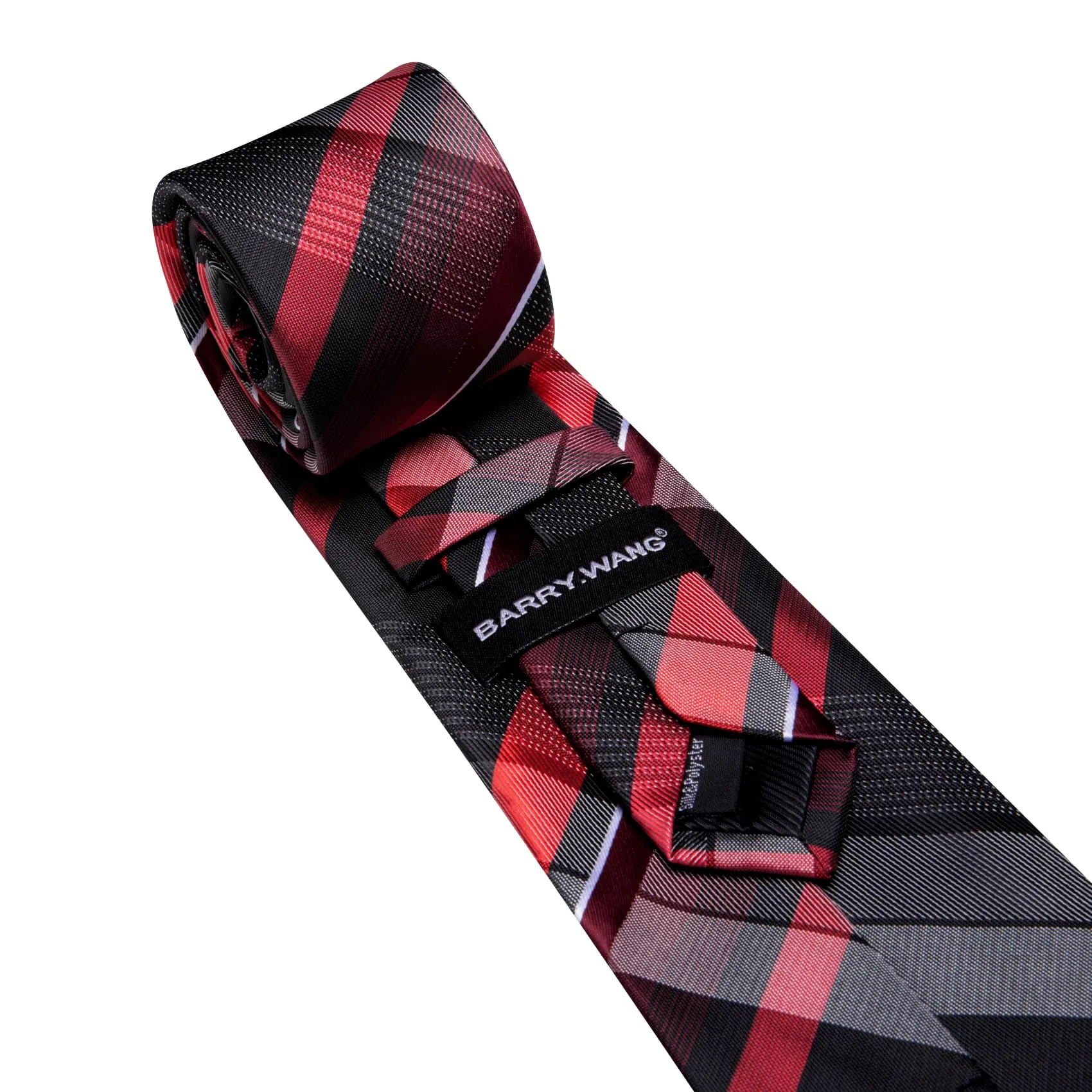 Barry.Wang - Set da uomo, con cravatta a righe a quadri in seta, pochette quadrata, fermacravatta, gemelli, clip per cravatta, set di 4 pezzi, stile classico, per lavoro e matrimonio, rosso, bianco - immagine 5