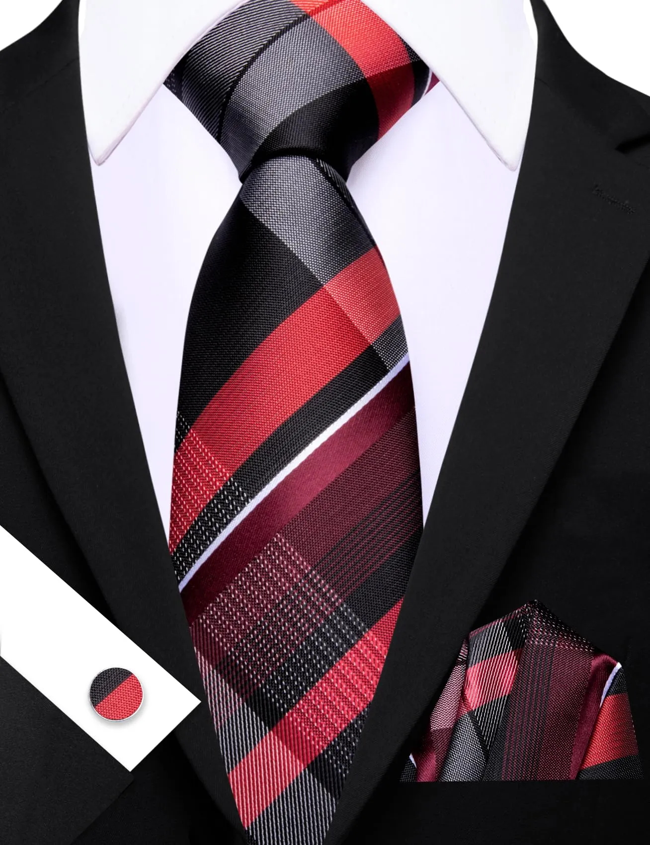 Barry.Wang - Set da uomo, con cravatta a righe a quadri in seta, pochette quadrata, fermacravatta, gemelli, clip per cravatta, set di 4 pezzi, stile classico, per lavoro e matrimonio, rosso, bianco - immagine 6