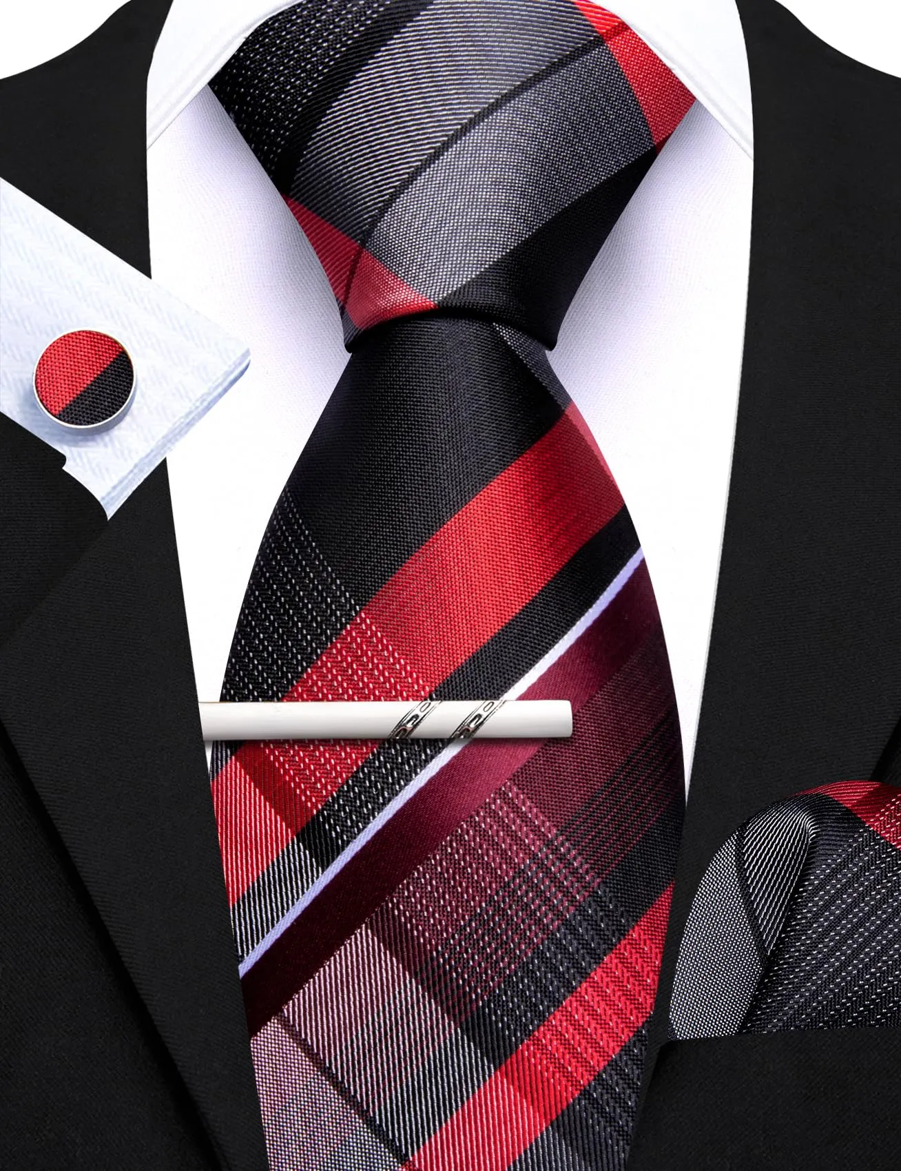 Barry.Wang - Set da uomo, con cravatta a righe a quadri in seta, pochette quadrata, fermacravatta, gemelli, clip per cravatta, set di 4 pezzi, stile classico, per lavoro e matrimonio, rosso, bianco - immagine 7
