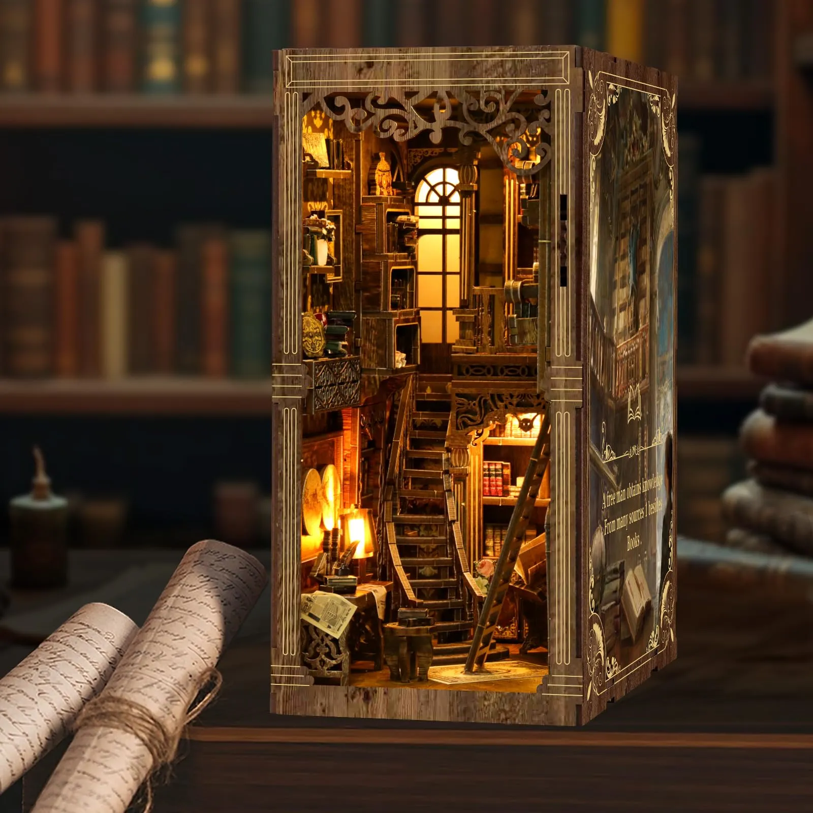 Kit Diy Book Nook, Collezione Di Libri Vintage, Puzzle In Legno In Miniatura Fai Da Te Con Luce Led, Idea Regalo Creativa Per Adulti e Adolescenti a Partire Dai 14 Anni, Museo di Astronomia (B) - immagine 2