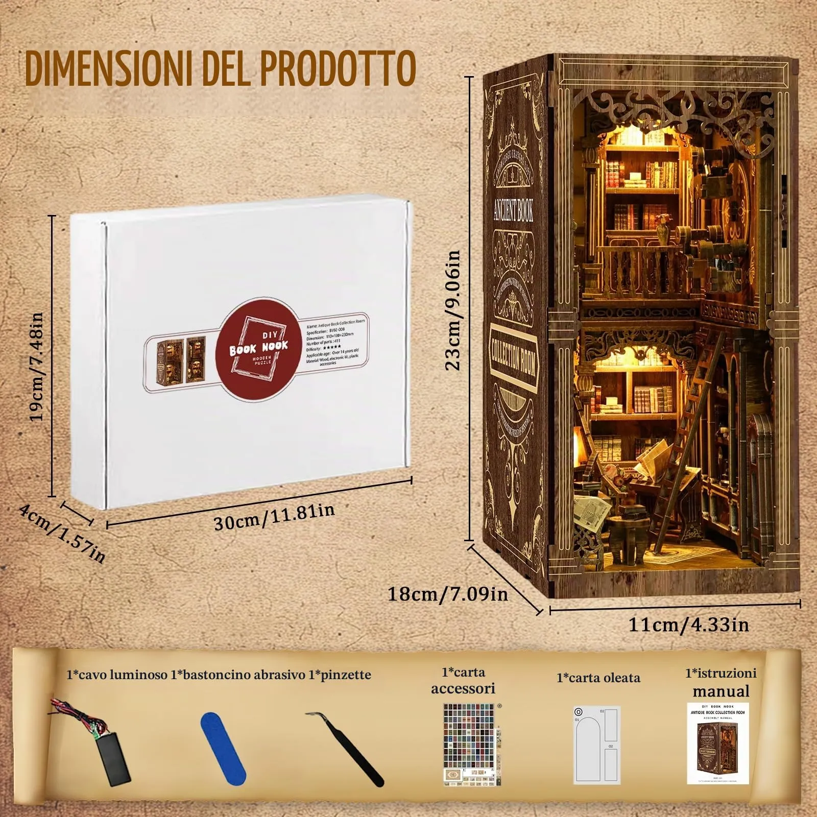 Kit Diy Book Nook, Collezione Di Libri Vintage, Puzzle In Legno In Miniatura Fai Da Te Con Luce Led, Idea Regalo Creativa Per Adulti e Adolescenti a Partire Dai 14 Anni, Museo di Astronomia (B) - immagine 7