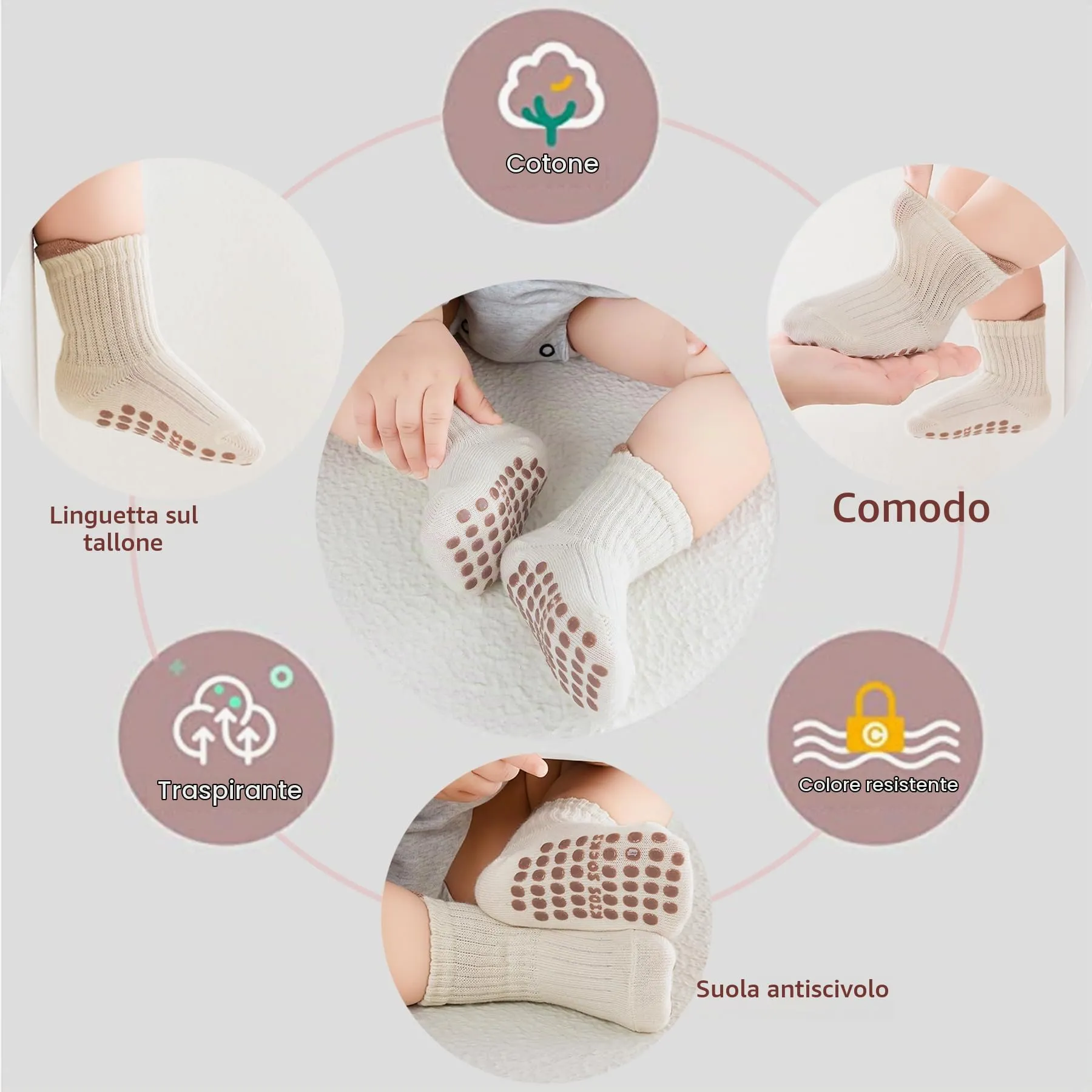 YANWANG 8 Paia di Calzini Antiscivolo con Grip per Bambini Piccoli Calzini Traspiranti per Neonati Bambini Bambina(Brown+Pink,S:0-1Y) - immagine 4