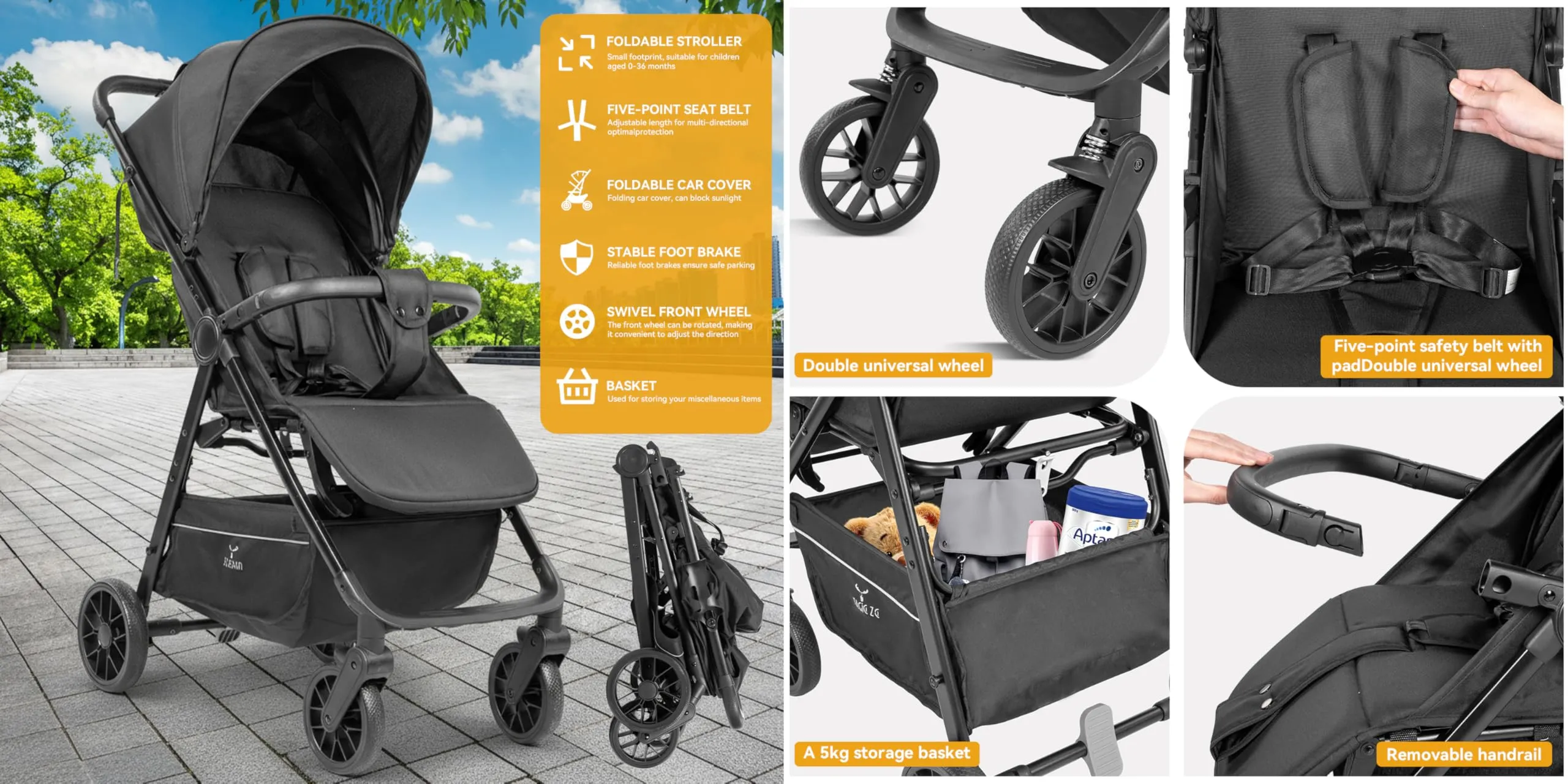 Reenborn Ultraleggero Passeggino di Soli 4,6 kg con Posizione Sdraiata Regolabile, Passeggino da Viaggio Pieghevole, Passeggino Compatto Fino a 15 kg, Carrozzina per Neonati Portatile (A8 Black) - immagine 2