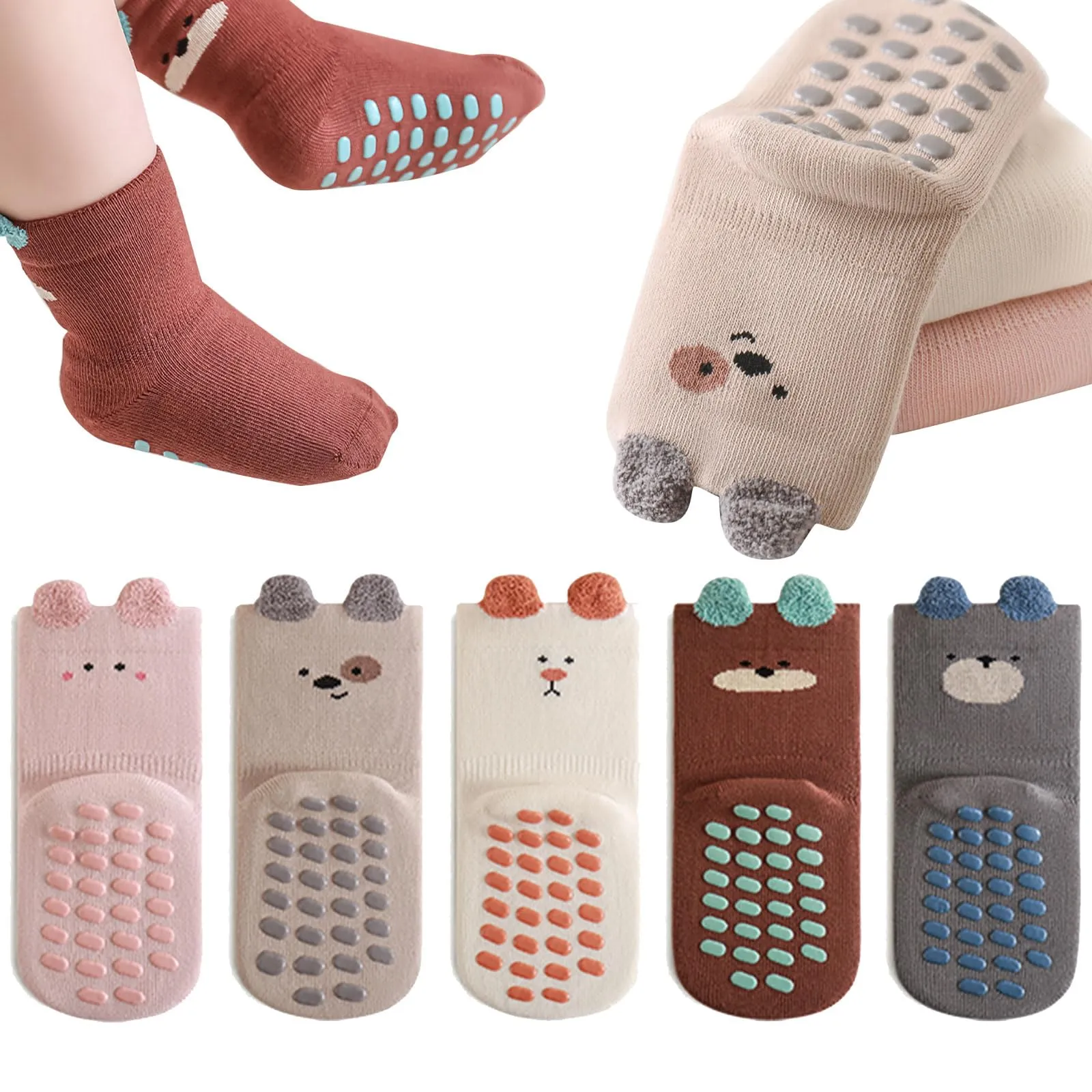 QIYIENDIAN Calzini antiscivolo per bambini in cotone 5 paia calzini neonati animati(Khaki puppy,0-1Y - immagine 1