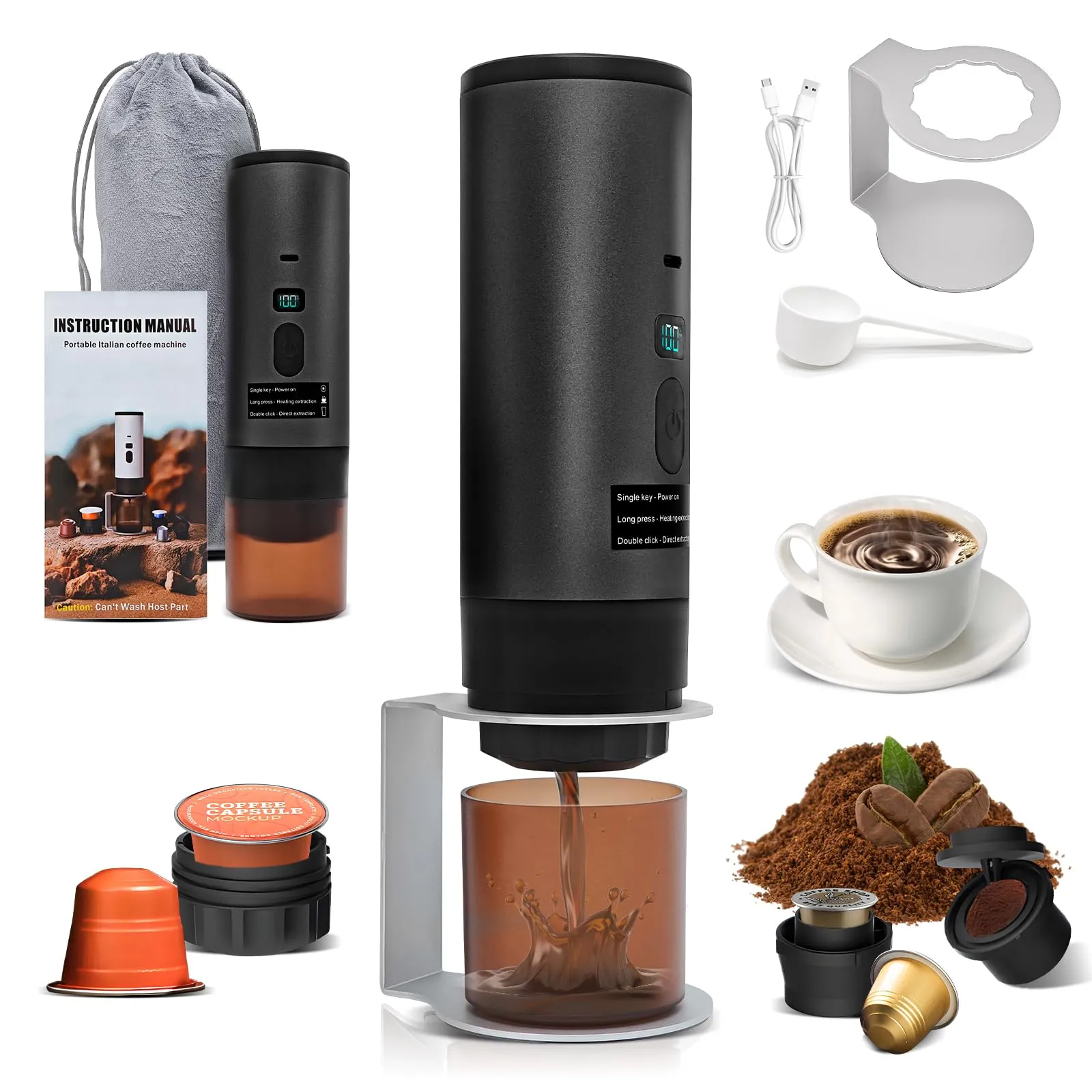 RoserRose Caffettiera Portatile, Macchina per Caffè Viaggio - Senza Fili & Auto-Riscaldante - Con Batteria 7800mAh, 20 Bar di Pressione - Compatibile con NS/DG/Caffè Macinato (Nero metallizzato) - immagine 1