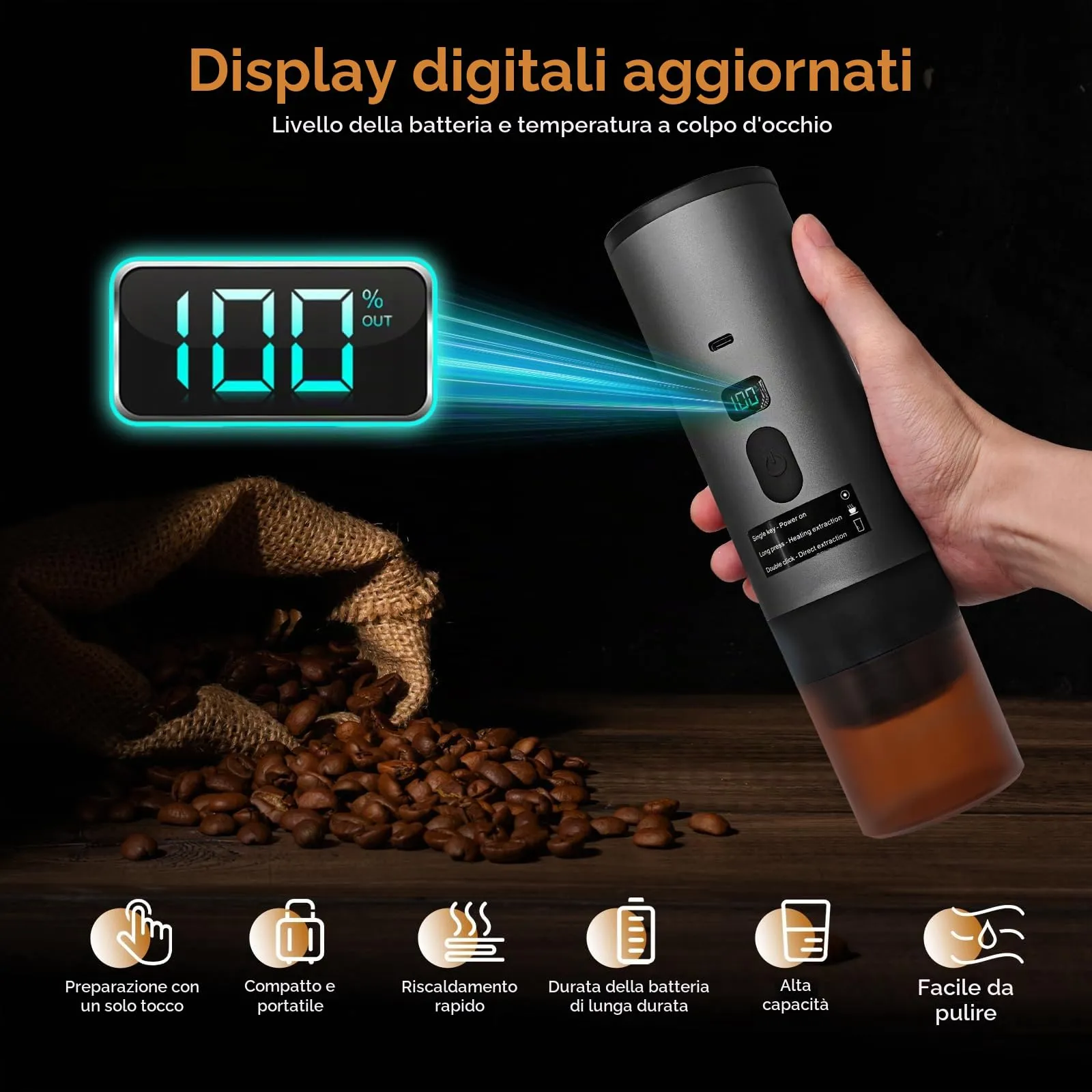 RoserRose Caffettiera Portatile, Macchina per Caffè Viaggio - Senza Fili & Auto-Riscaldante - Con Batteria 7800mAh, 20 Bar di Pressione - Compatibile con NS/DG/Caffè Macinato (Nero metallizzato) - immagine 2