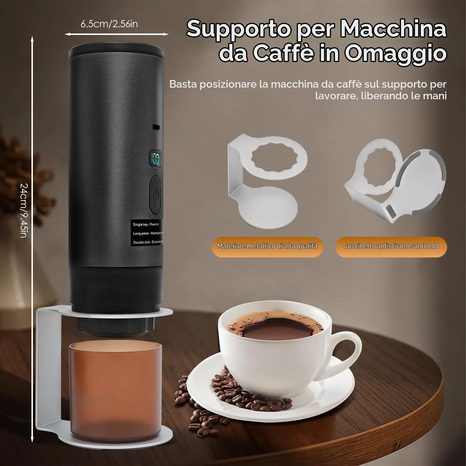 RoserRose Caffettiera Portatile, Macchina per Caffè Viaggio - Senza Fili & Auto-Riscaldante - Con Batteria 7800mAh, 20 Bar di Pressione - Compatibile con NS/DG/Caffè Macinato (Nero metallizzato) - immagine 3