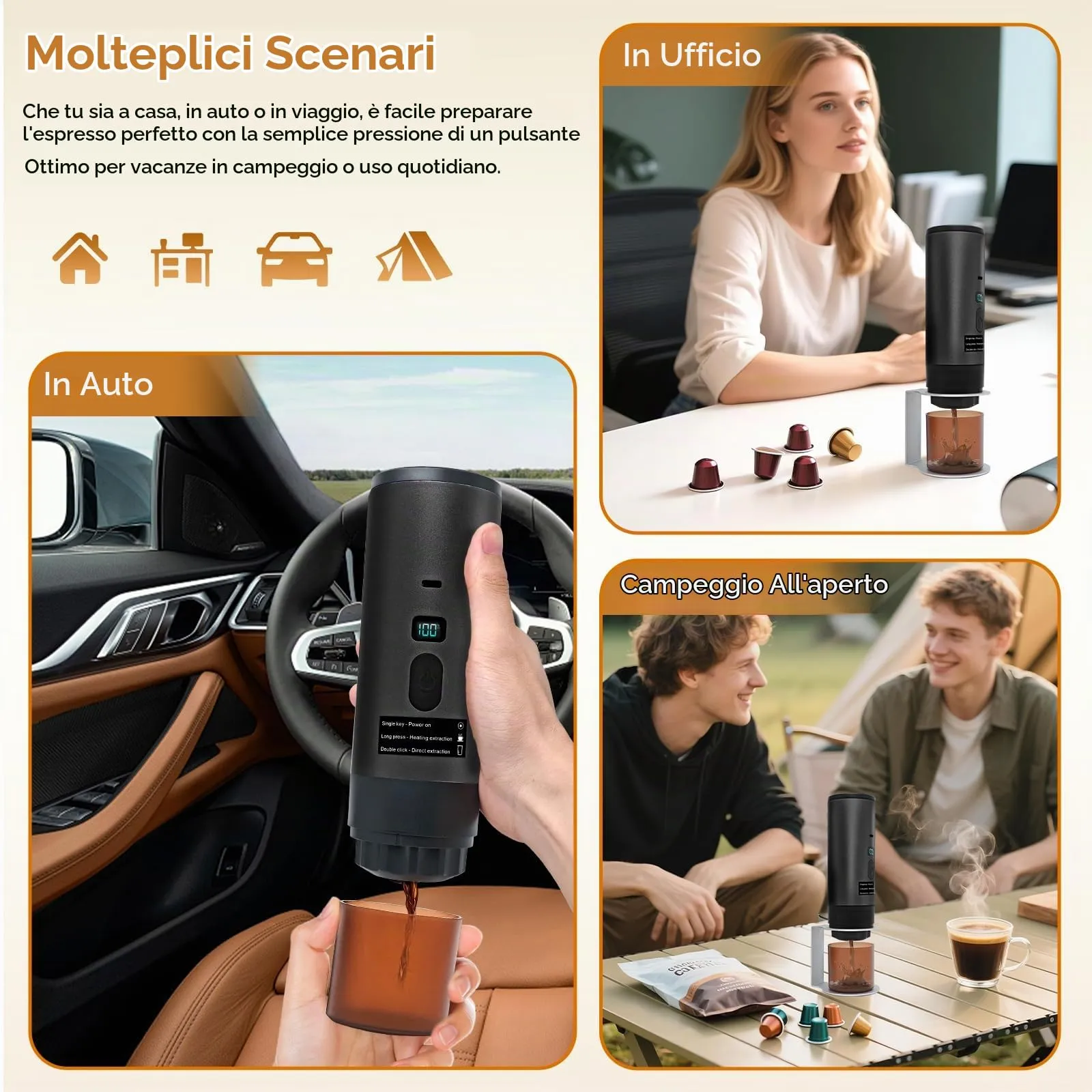 RoserRose Caffettiera Portatile, Macchina per Caffè Viaggio - Senza Fili & Auto-Riscaldante - Con Batteria 7800mAh, 20 Bar di Pressione - Compatibile con NS/DG/Caffè Macinato (Nero metallizzato) - immagine 7