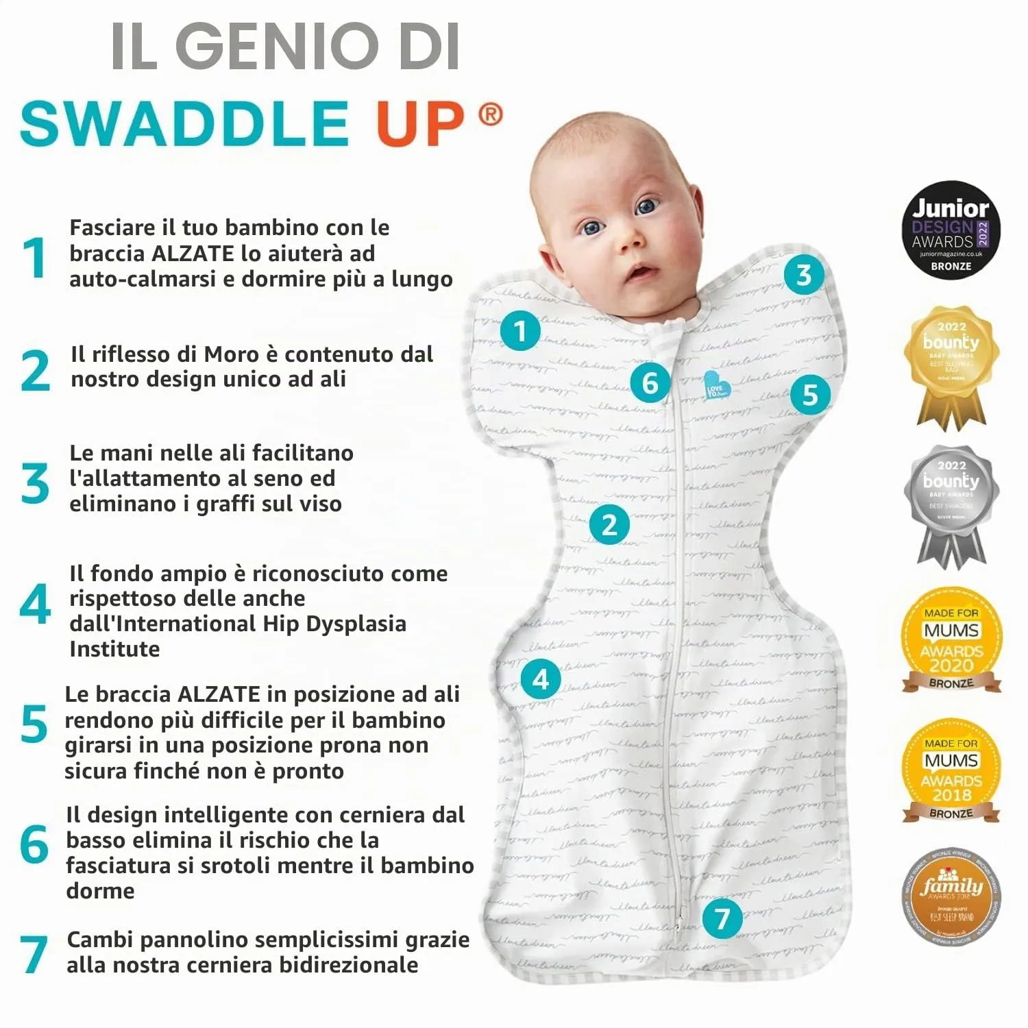Love To Dream Swaddle UP, Neonato 2,2-3,8 kg - Cotone Api Oliva | Vestibilità aderente, favorisce un sonno sano | 2,5 Tog per autunno e inverno (16–20°C) | Cotone e doppia cerniera - immagine 5