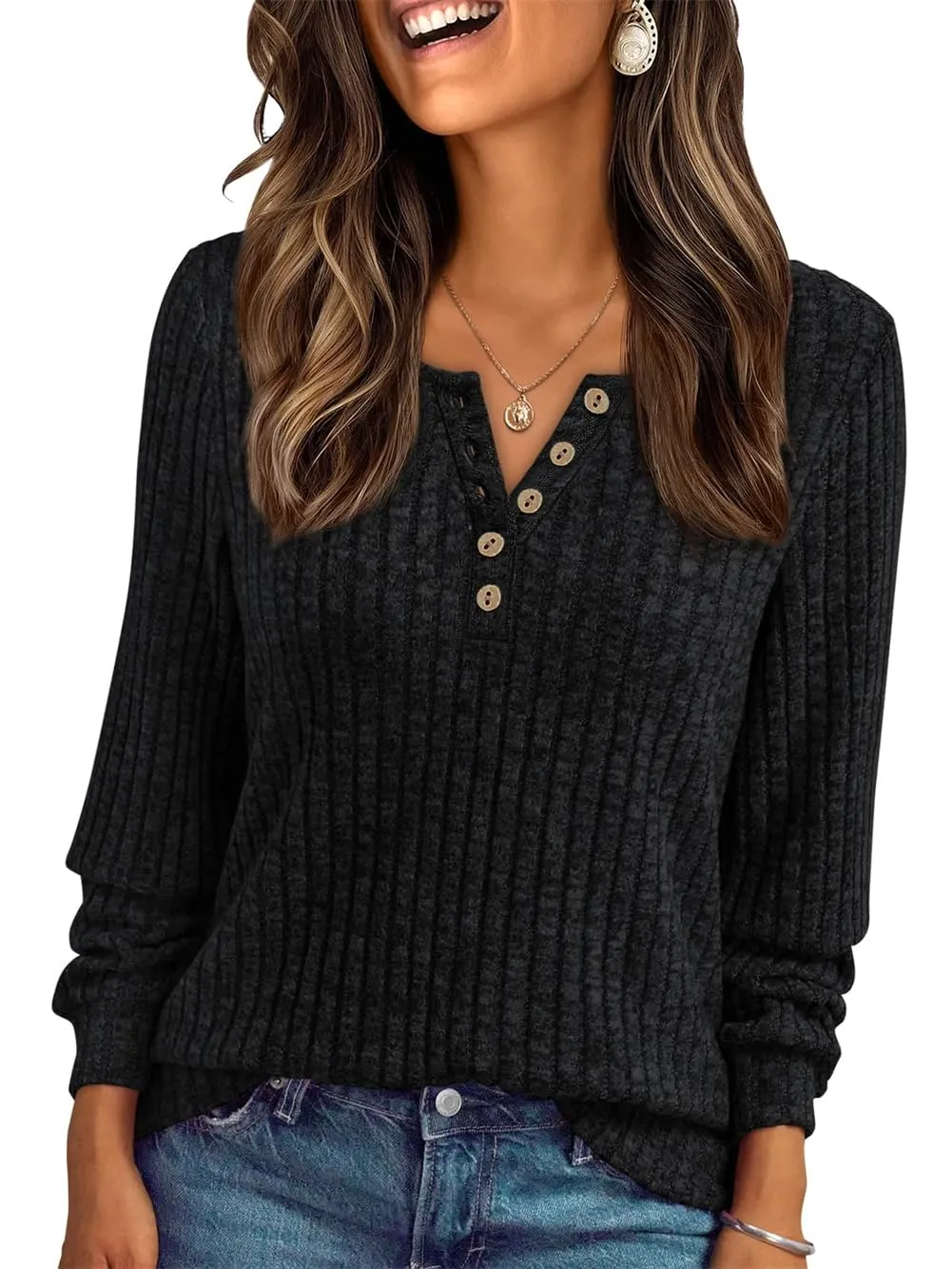 AirMood Maglietta da donna, elegante, casual, a maniche lunghe, a costine, tunica, top, vestibilità comoda, felpe, Nero , XL - immagine 1