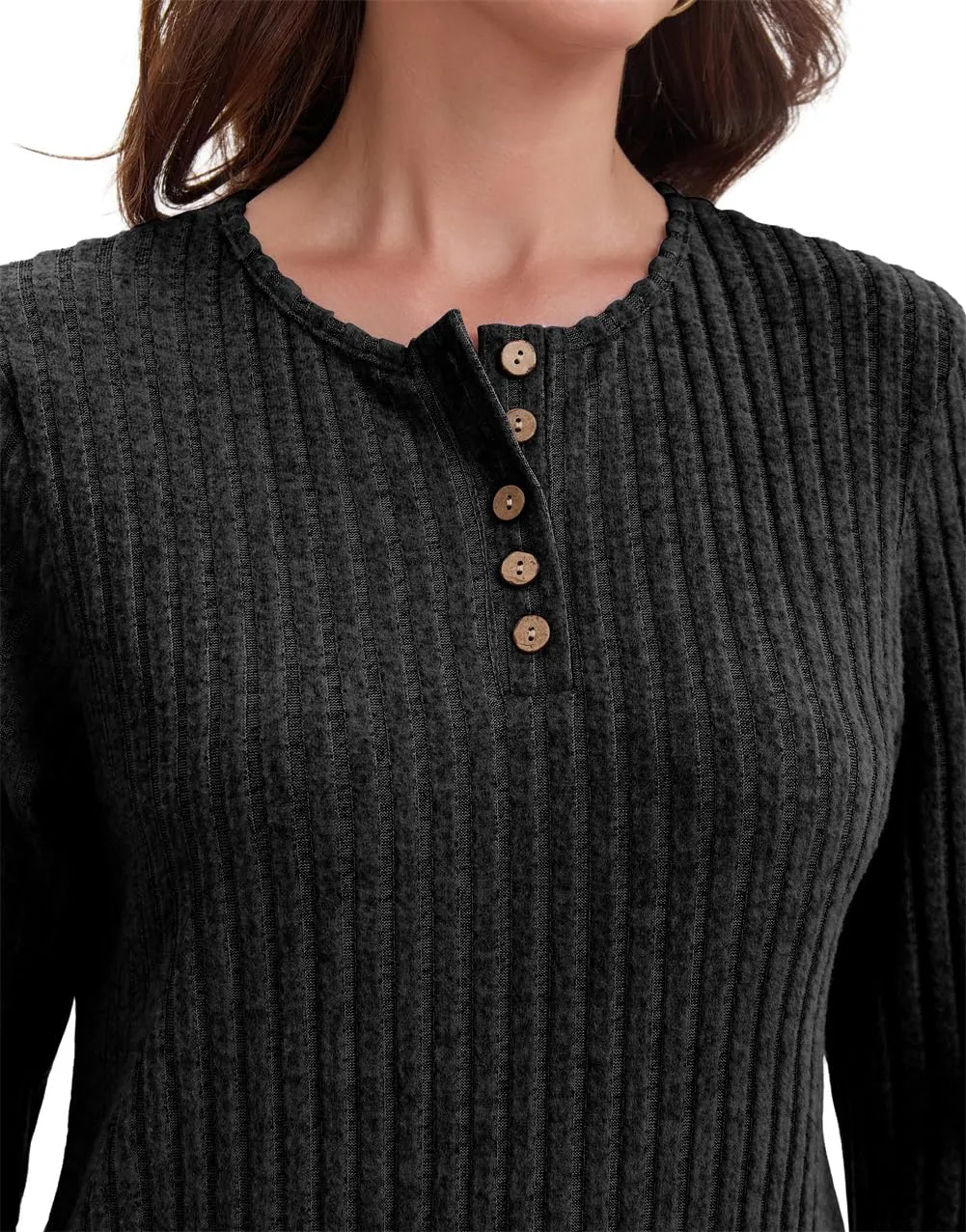 AirMood Maglietta da donna, elegante, casual, a maniche lunghe, a costine, tunica, top, vestibilità comoda, felpe, Nero , XL - immagine 4