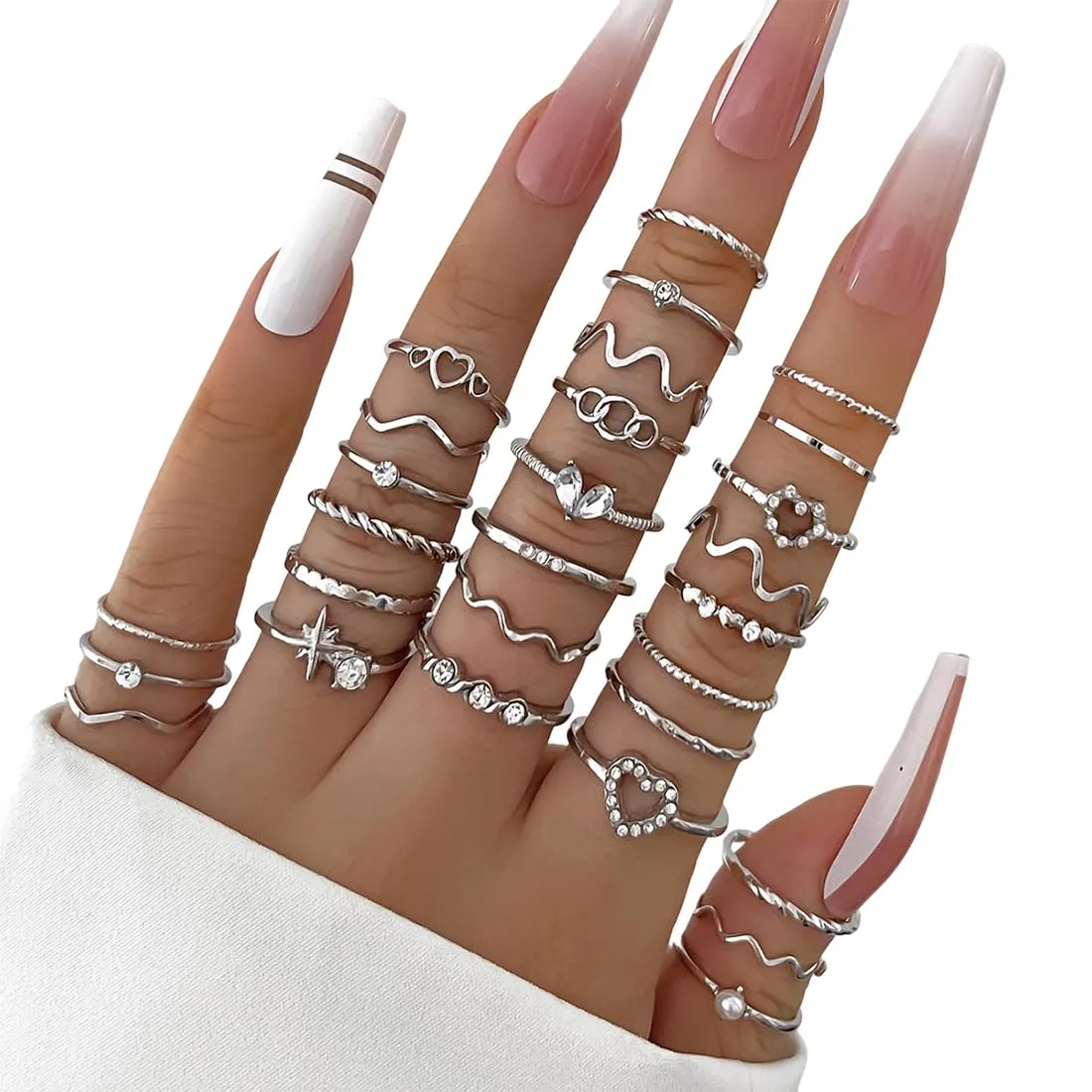 XPEX 28 Pezzi Set Anelli Donna Acciaio Inossidabile Boho Anelli Aperto Minimalista Impilabili Anelli Argento Regolabili Nocche Anello conanelli donna - immagine 1