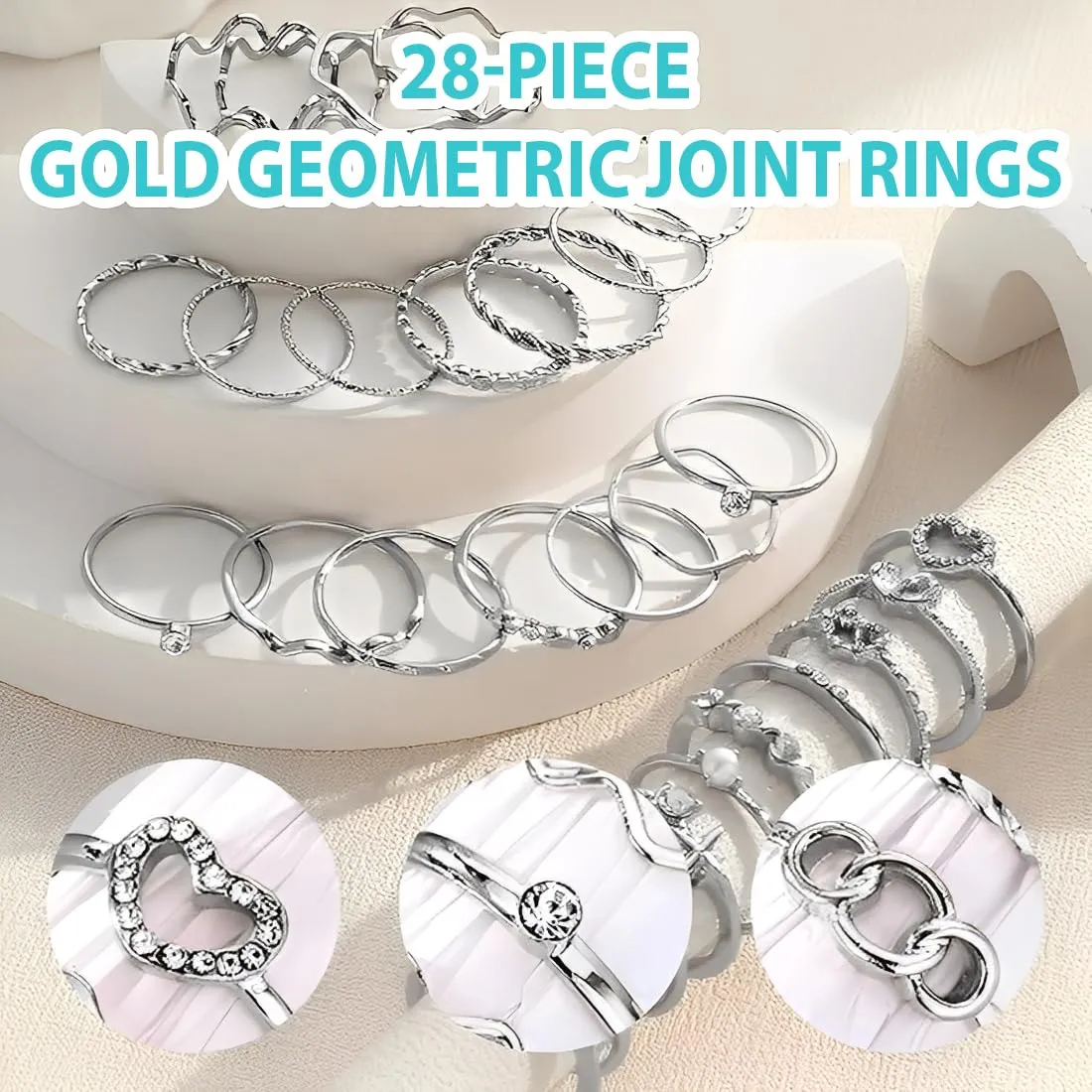 XPEX 28 Pezzi Set Anelli Donna Acciaio Inossidabile Boho Anelli Aperto Minimalista Impilabili Anelli Argento Regolabili Nocche Anello conanelli donna - immagine 3