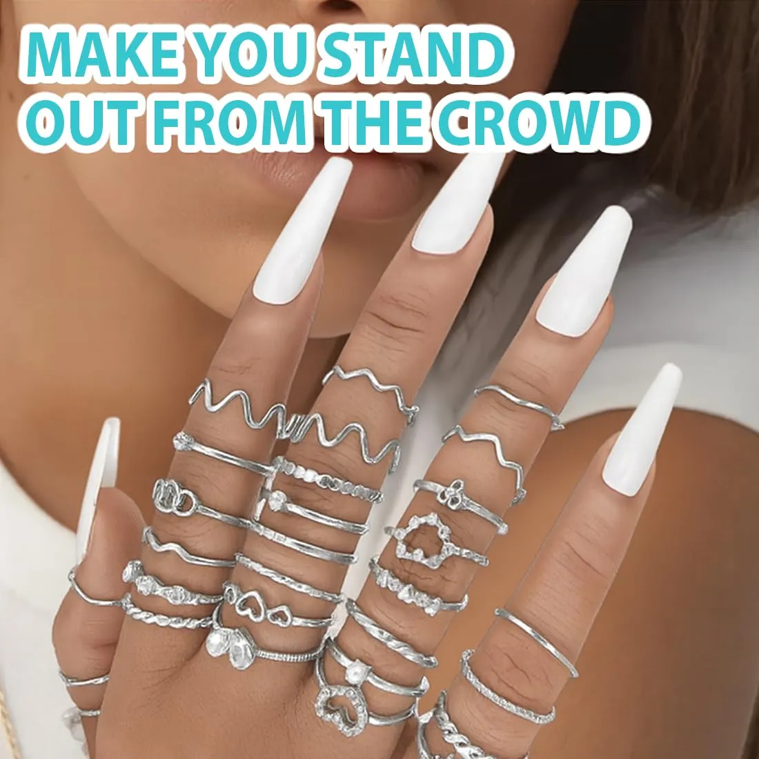 XPEX 28 Pezzi Set Anelli Donna Acciaio Inossidabile Boho Anelli Aperto Minimalista Impilabili Anelli Argento Regolabili Nocche Anello conanelli donna - immagine 4